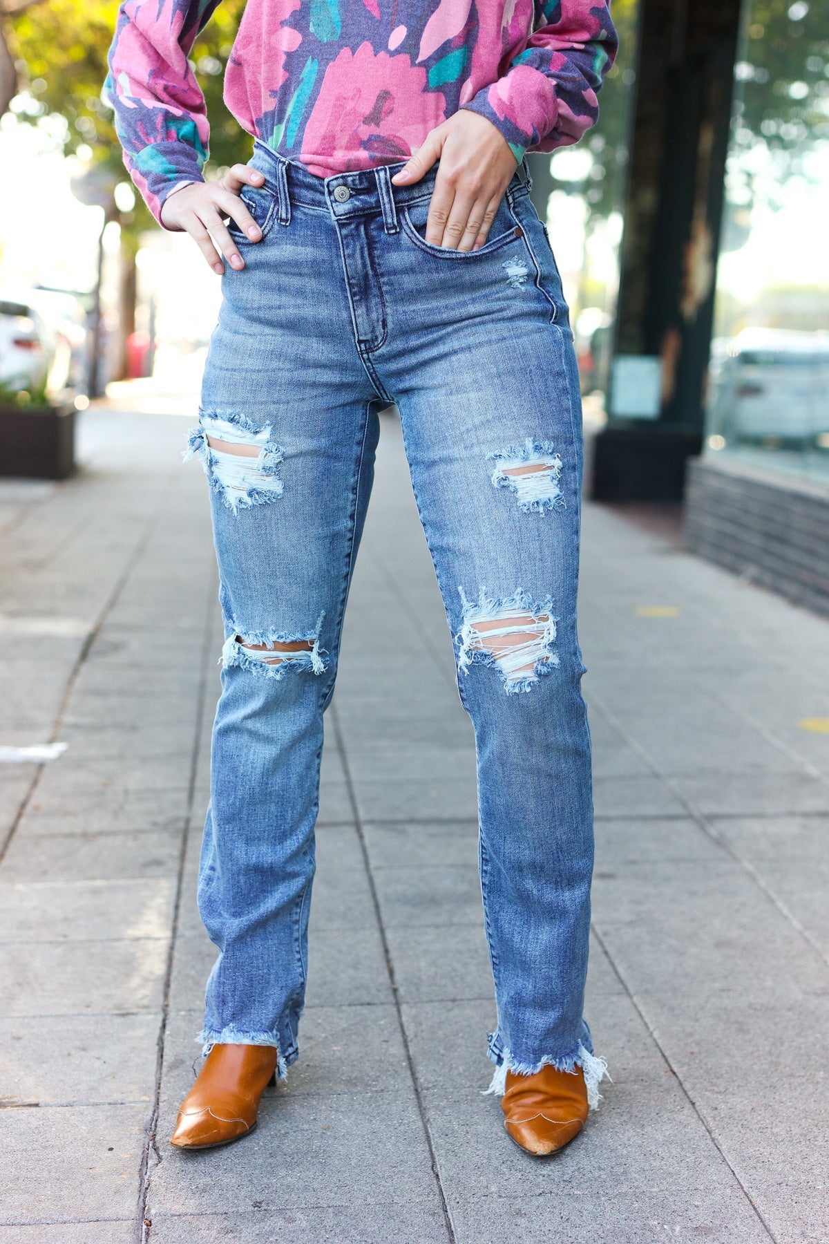 Medium Wash Mid Rise Distressed Straight Leg Jeans