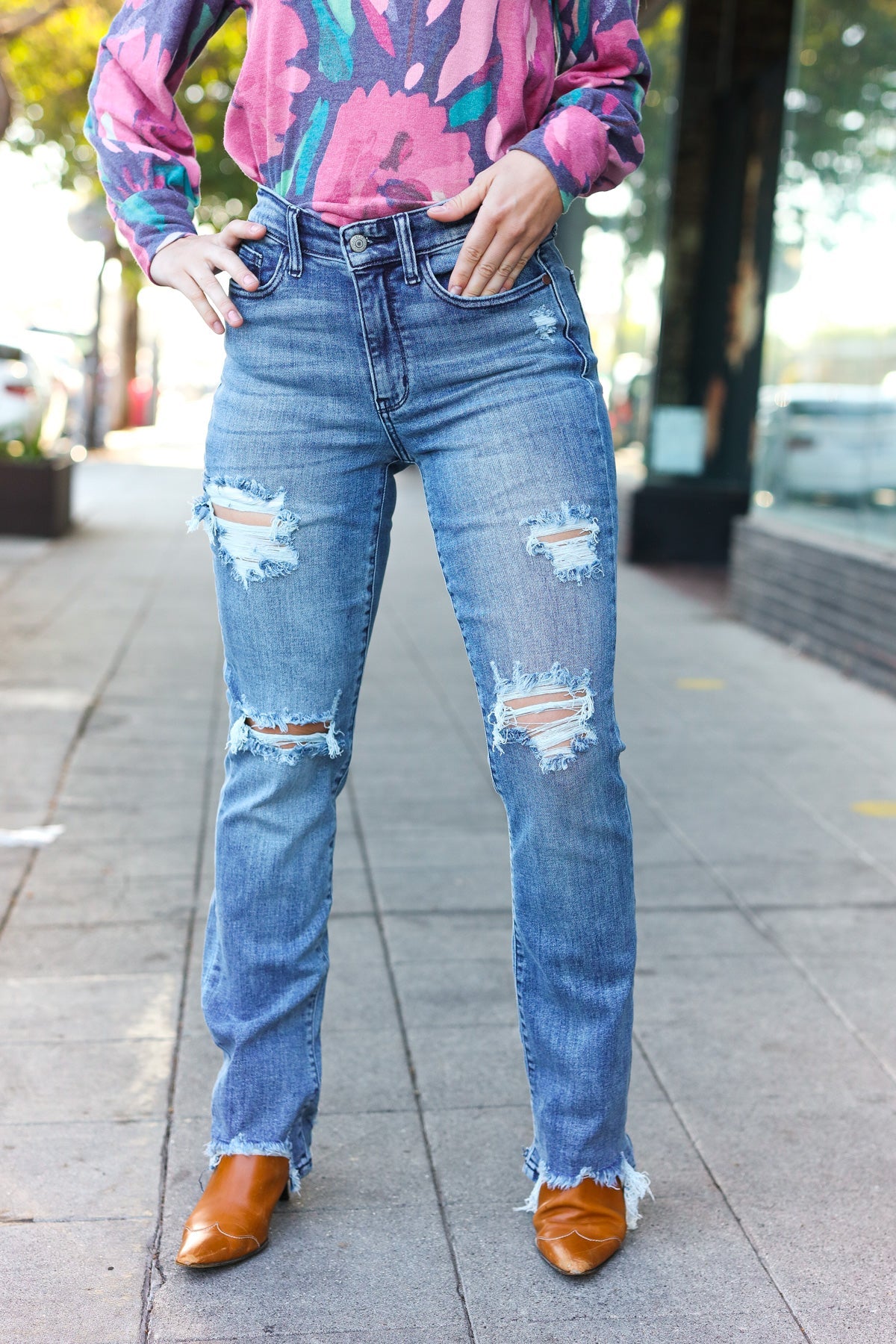 Medium Wash Mid Rise Distressed Straight Leg Jeans