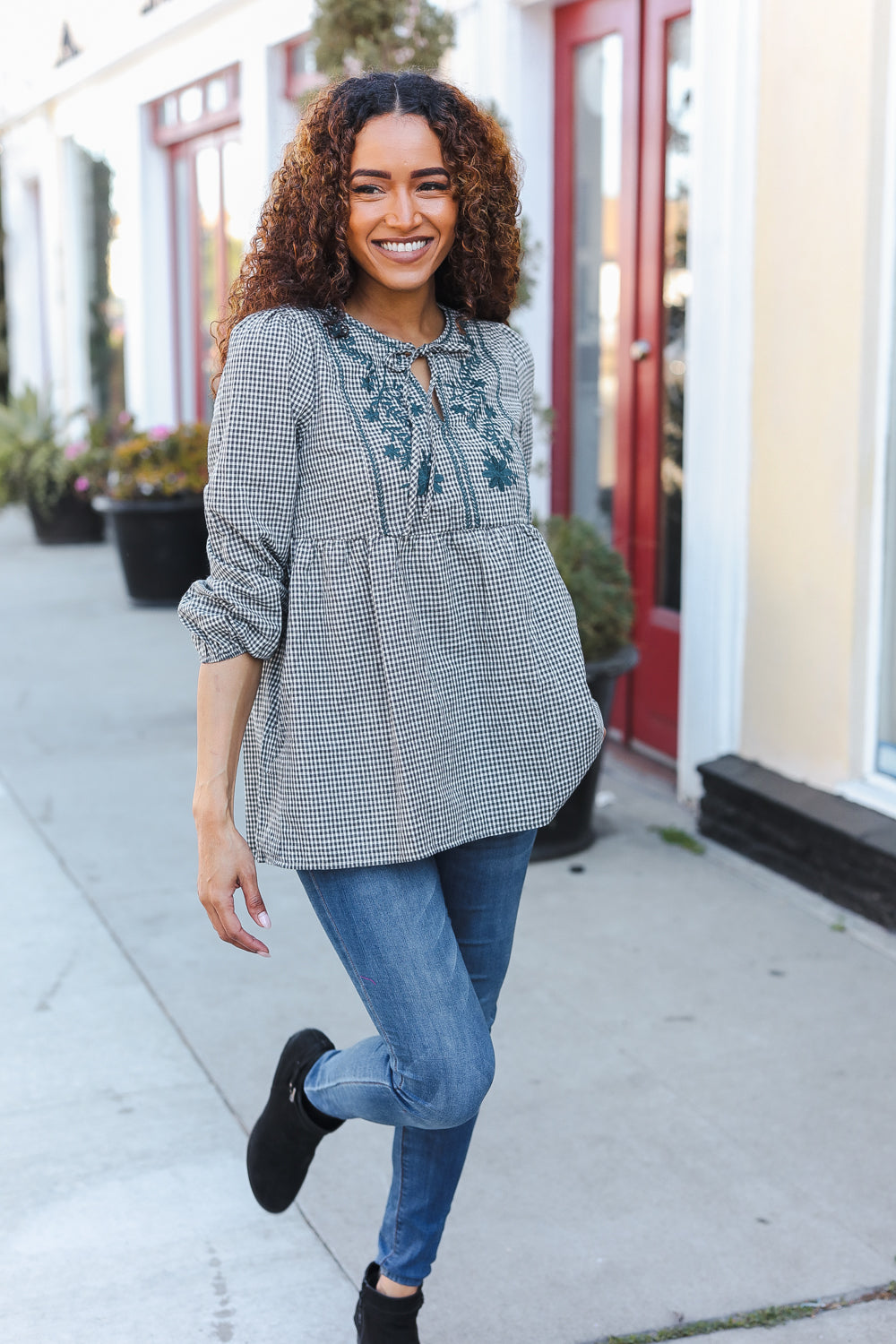 Dark Green Cotton Plaid Embroidered Back Button Top