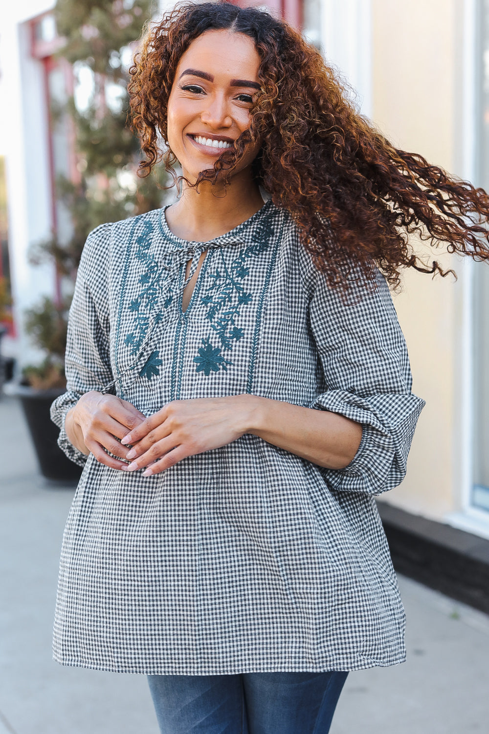 Dark Green Cotton Plaid Embroidered Back Button Top