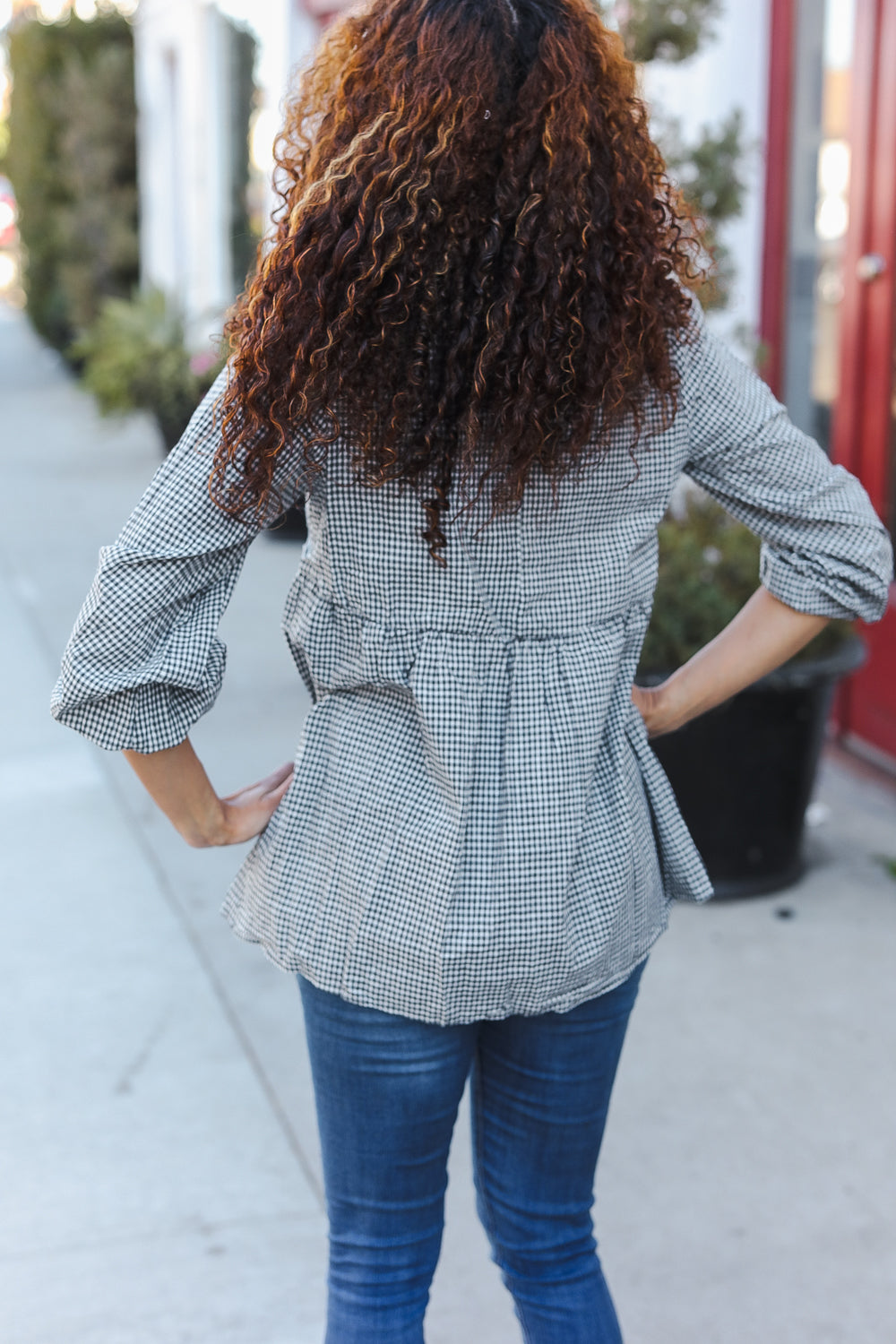 Dark Green Cotton Plaid Embroidered Back Button Top