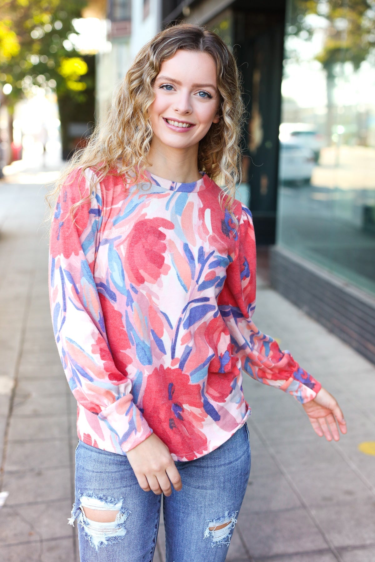 Blush Floral Brushed Hacci Sweater Top