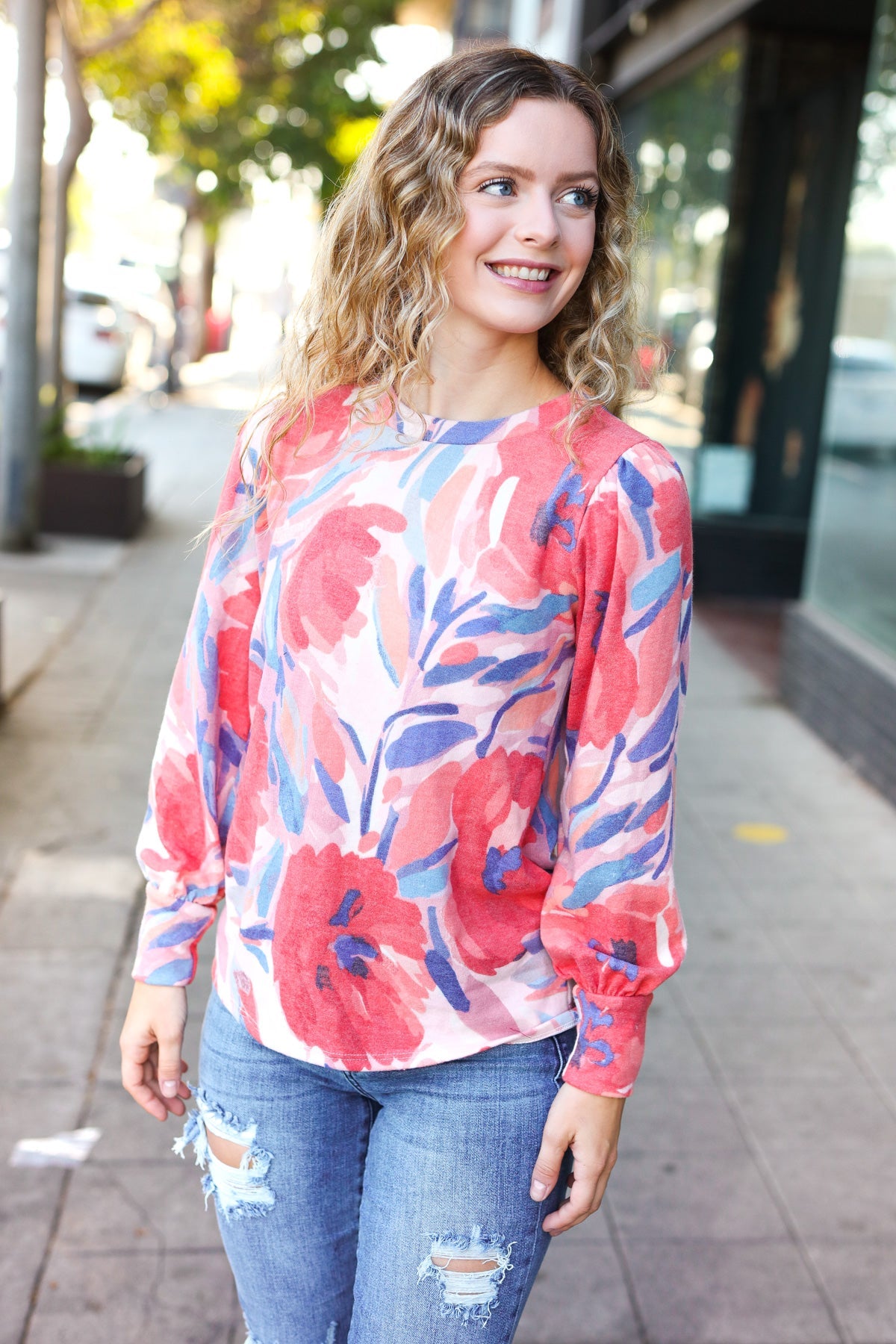 Blush Floral Brushed Hacci Sweater Top