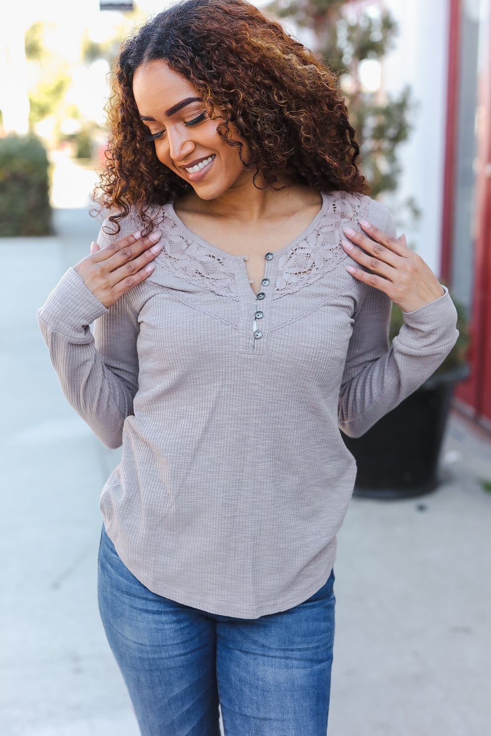 Taupe Rib Crochet Button Down Top