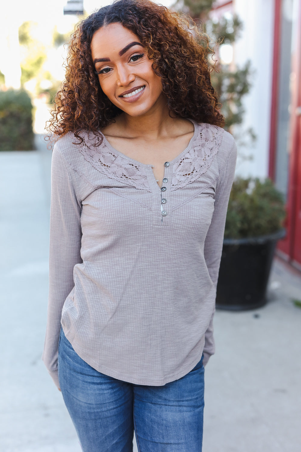 Taupe Rib Crochet Button Down Top