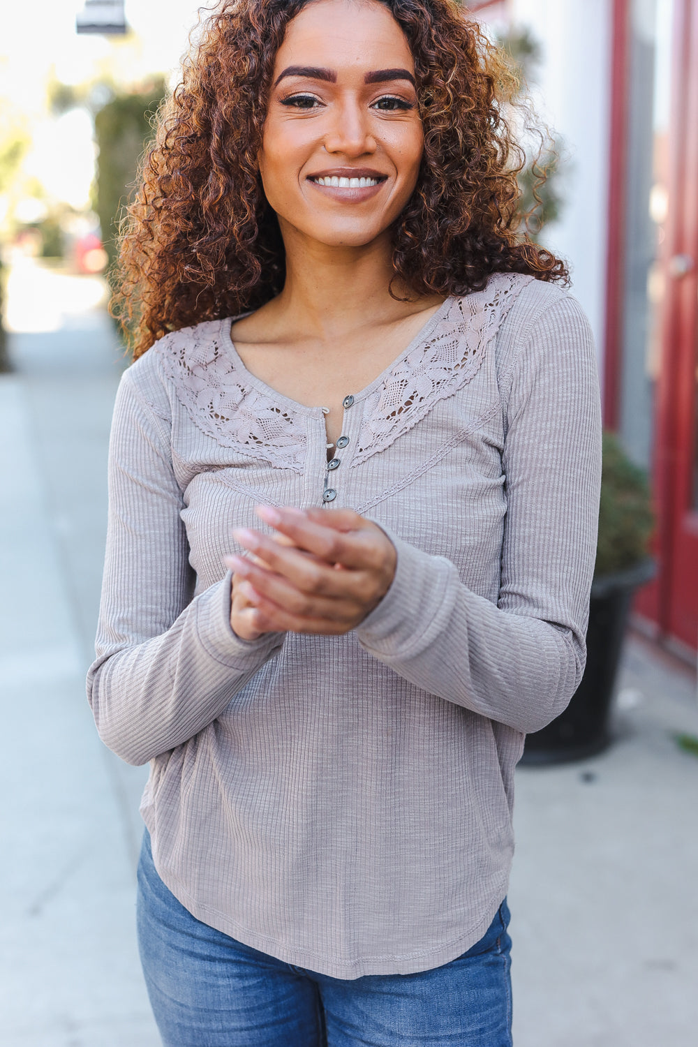 Taupe Rib Crochet Button Down Top