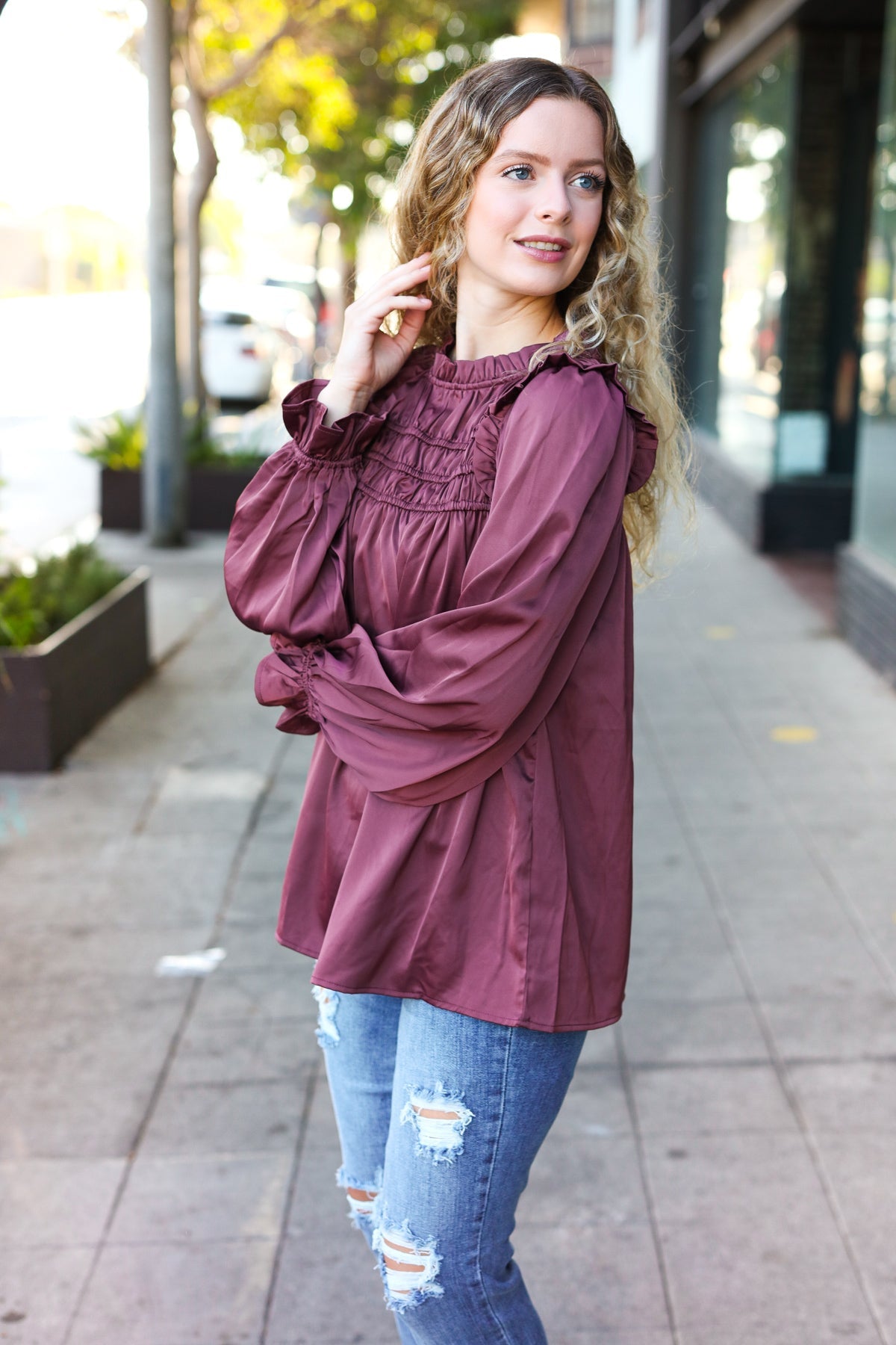 Wine Satin Shirred Yoke Frilled Mock Neck Top