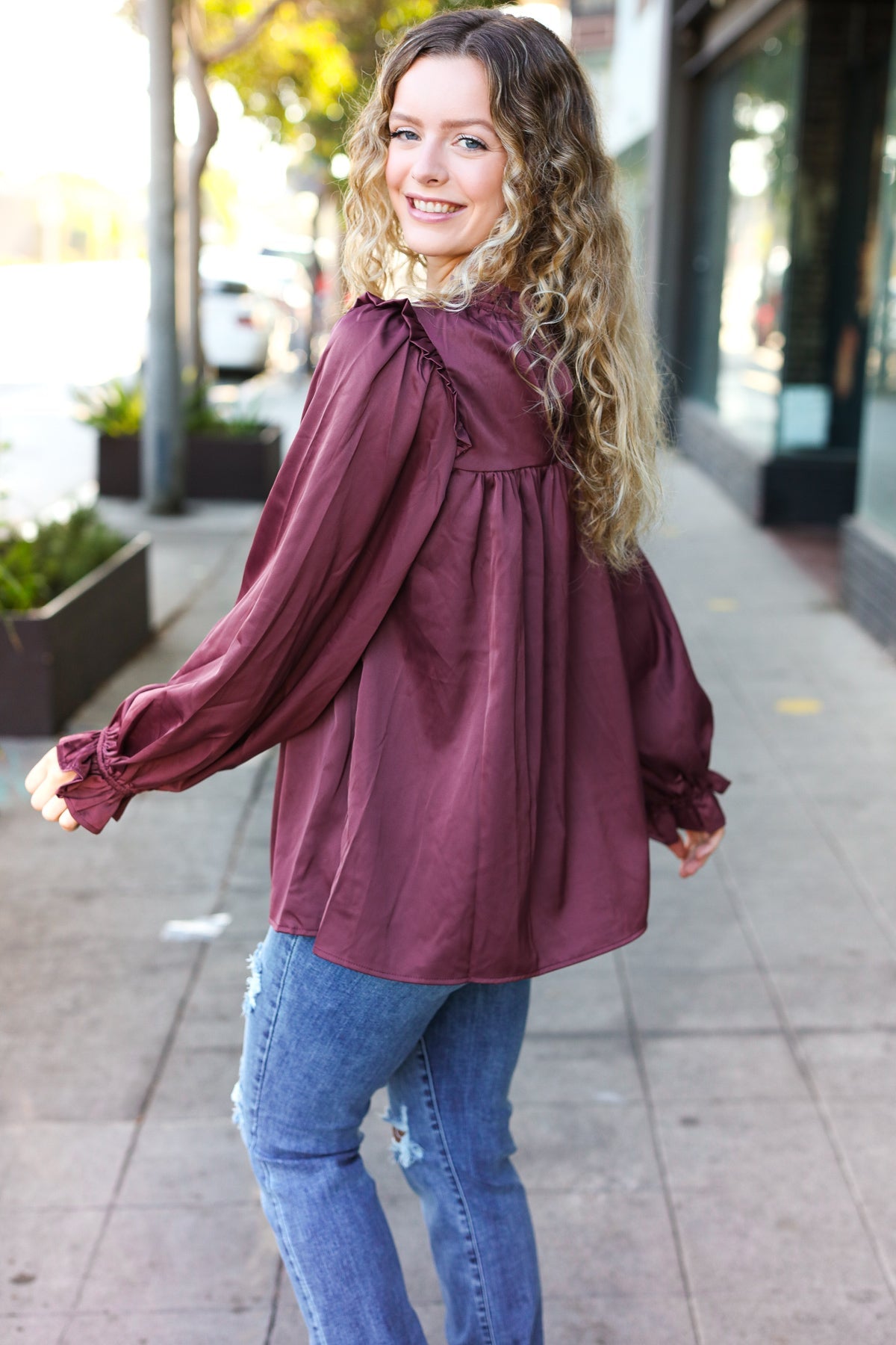 Wine Satin Shirred Yoke Frilled Mock Neck Top