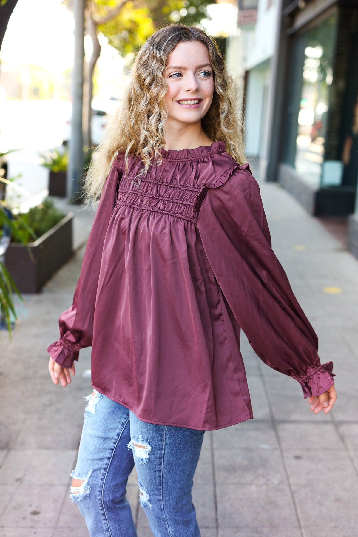 Wine Satin Shirred Yoke Frilled Mock Neck Top