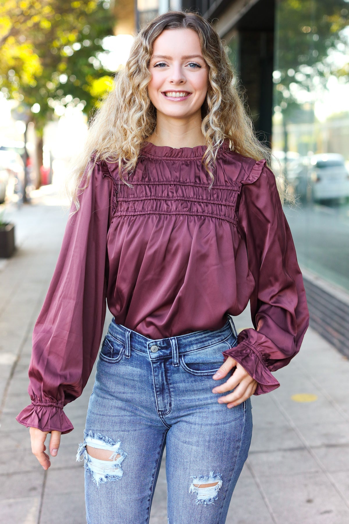 Wine Satin Shirred Yoke Frilled Mock Neck Top