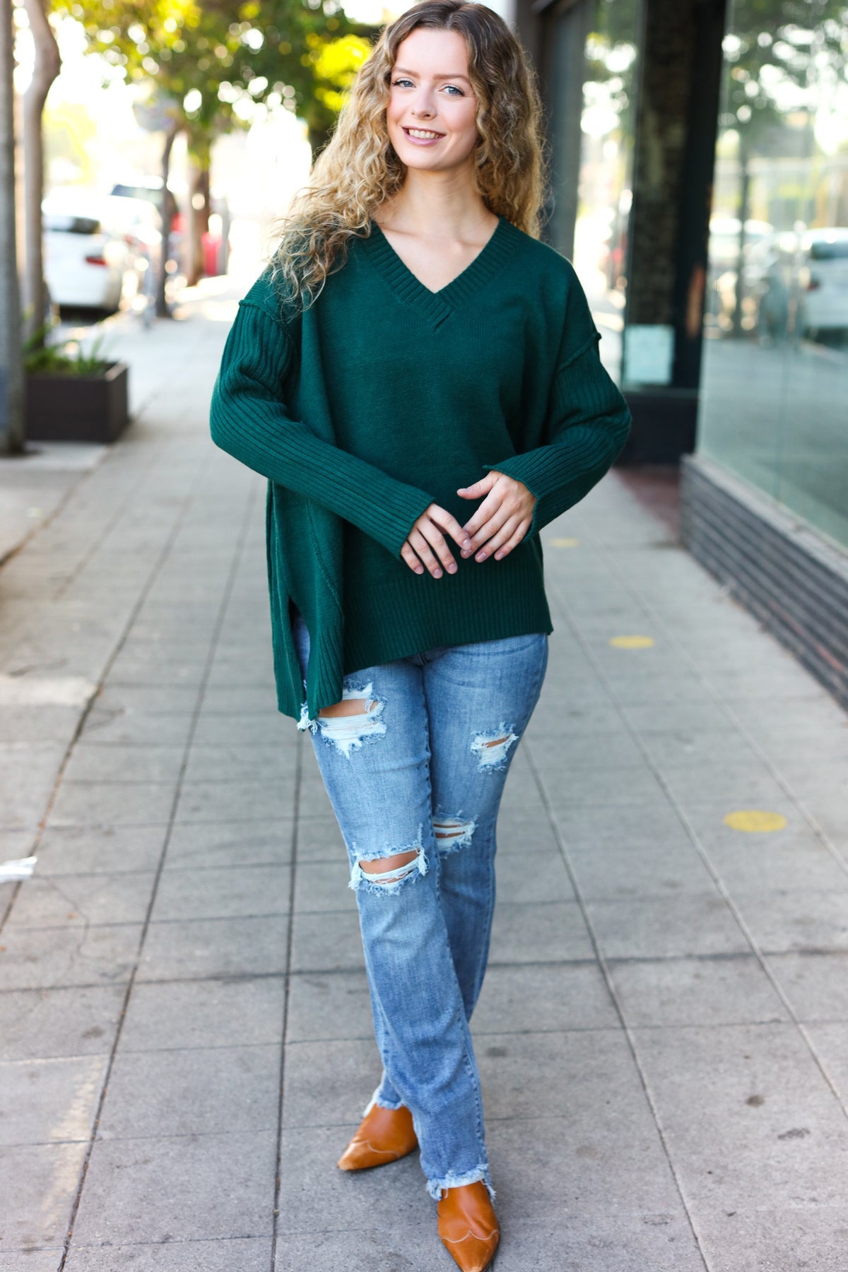 Hunter Green Oversized V Neck Rib Knit Sweater