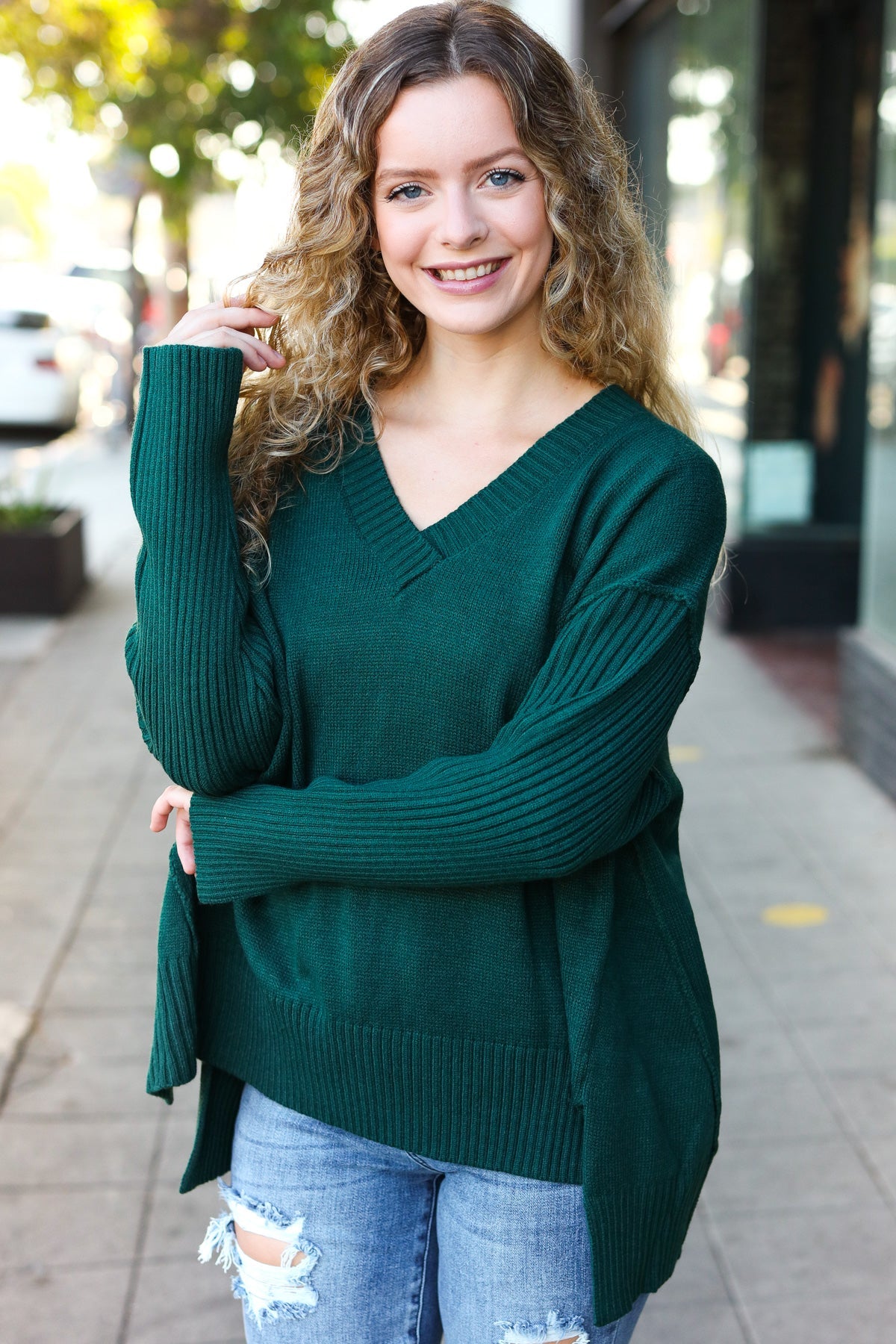 Hunter Green Oversized V Neck Rib Knit Sweater