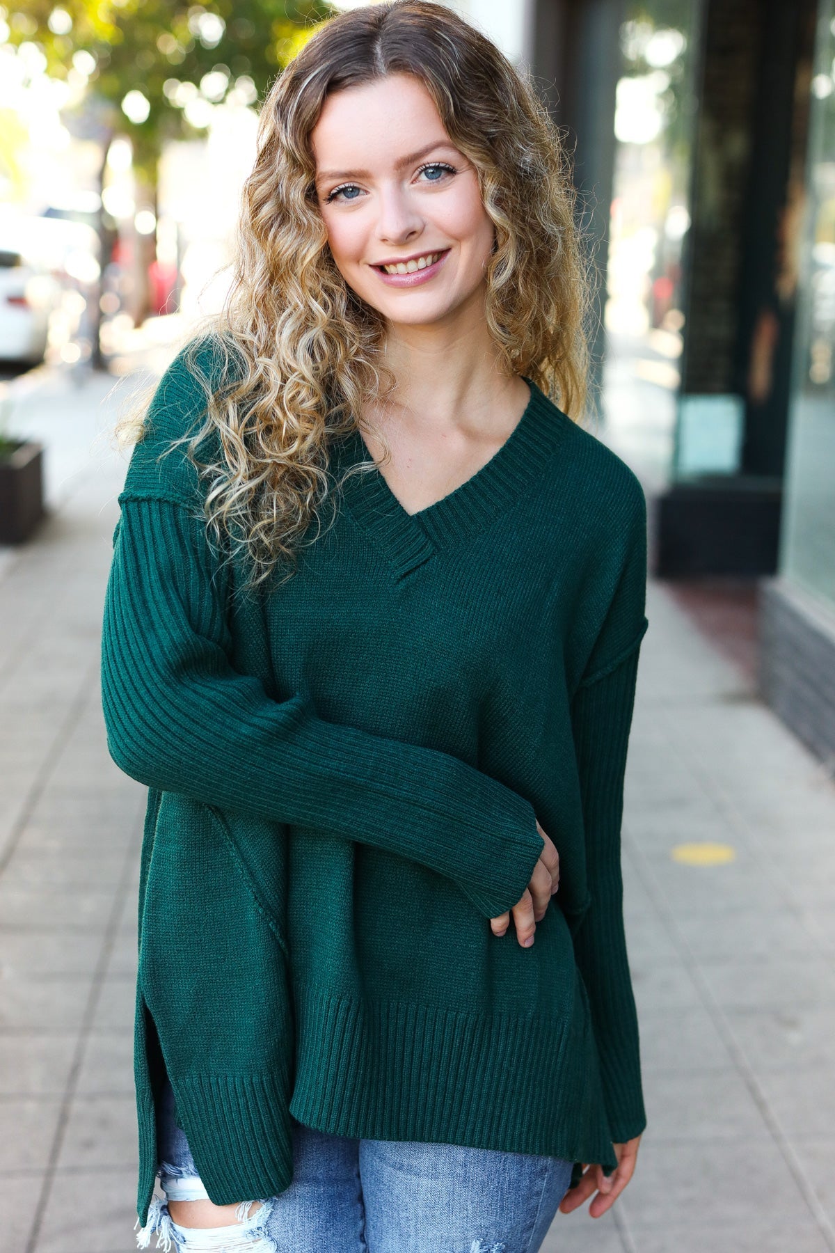 Hunter Green Oversized V Neck Rib Knit Sweater