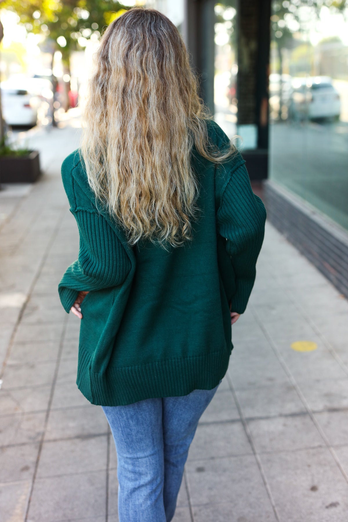 Hunter Green Oversized V Neck Rib Knit Sweater