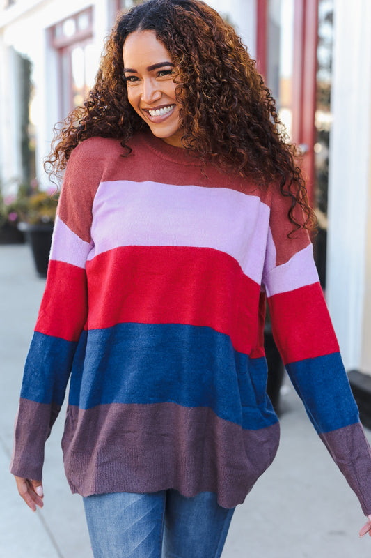 Lilac Stripe Color Block Ribbed Knit Sweater