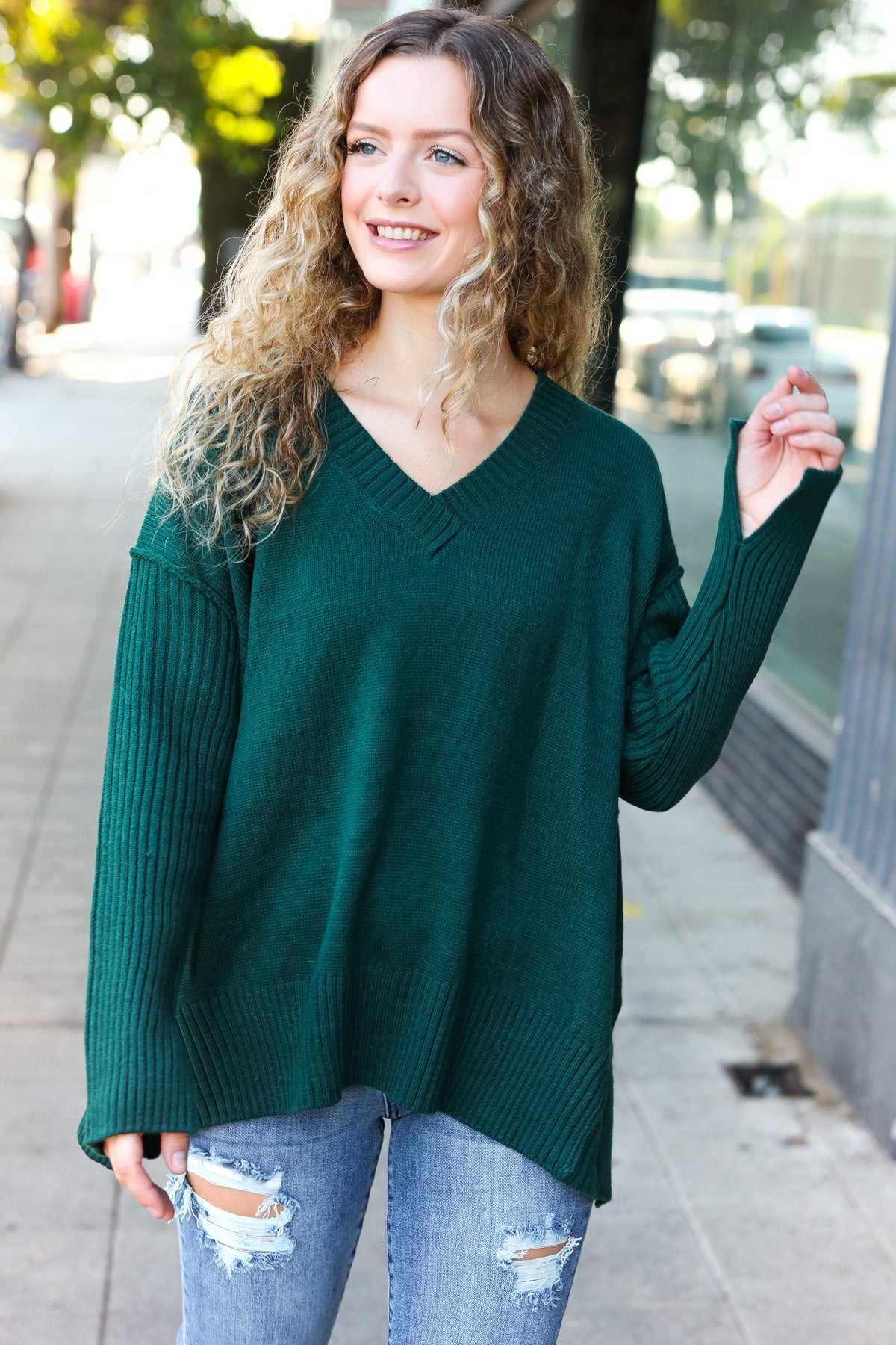 Hunter Green Oversized V Neck Rib Knit Sweater