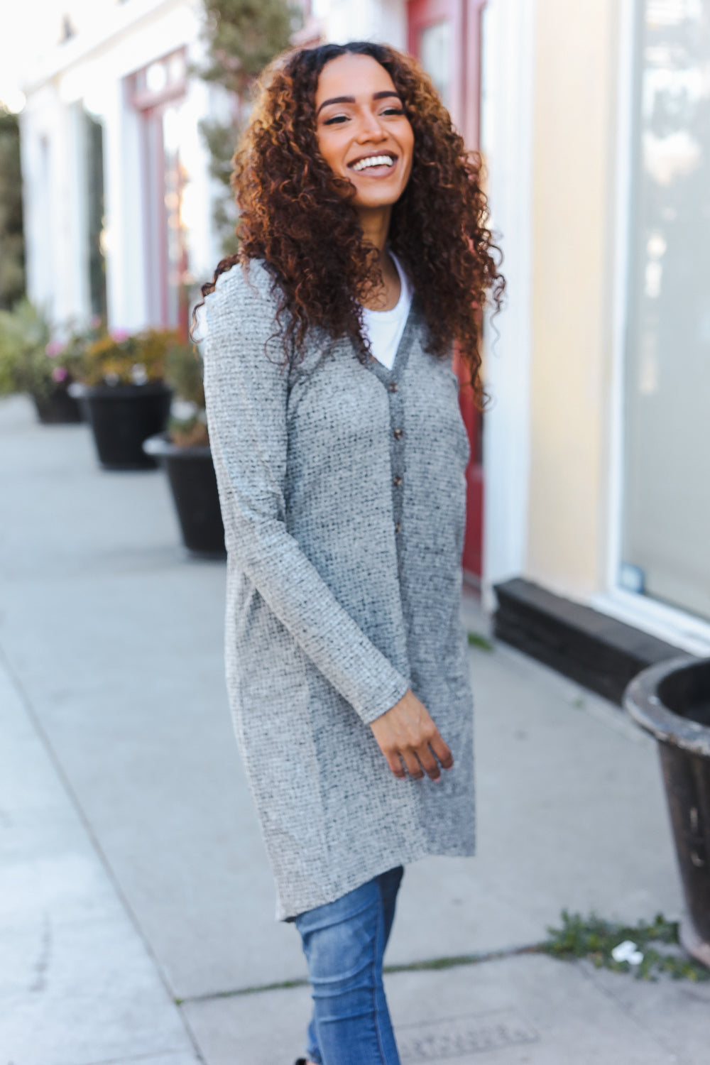 Grey Brushed Knit Crochet Back Duster Cardigan