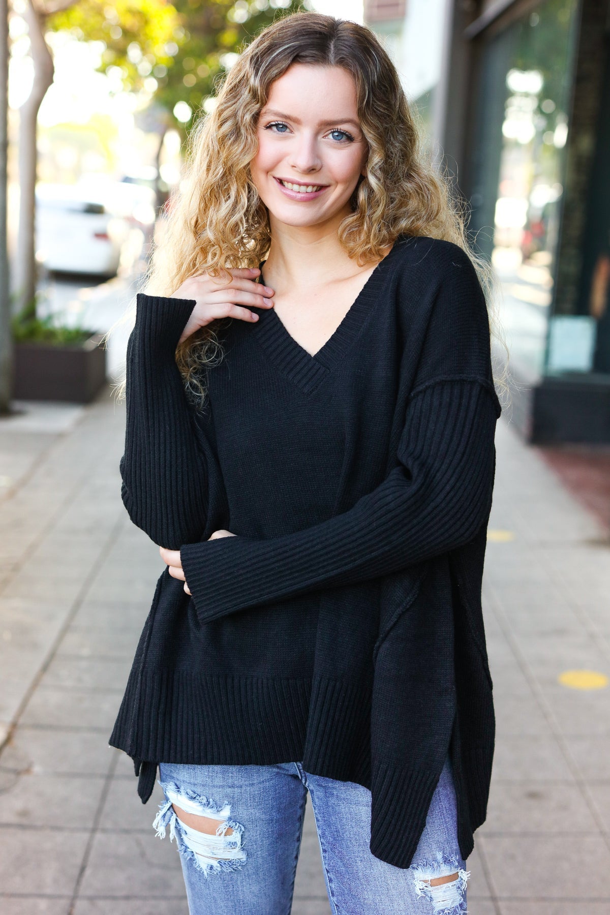 Black Oversized V Neck Rib Knit Sweater