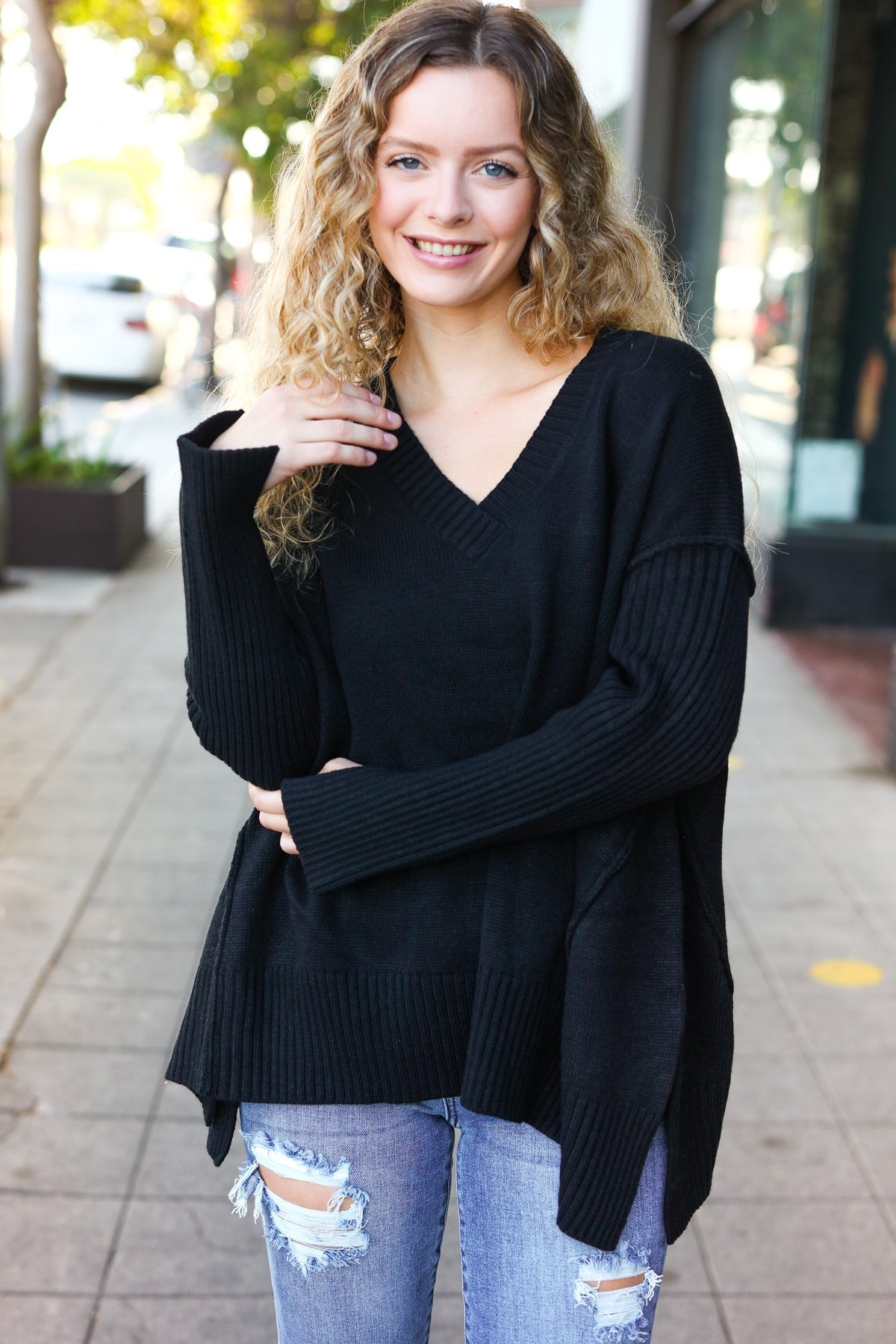 Black Oversized V Neck Rib Knit Sweater