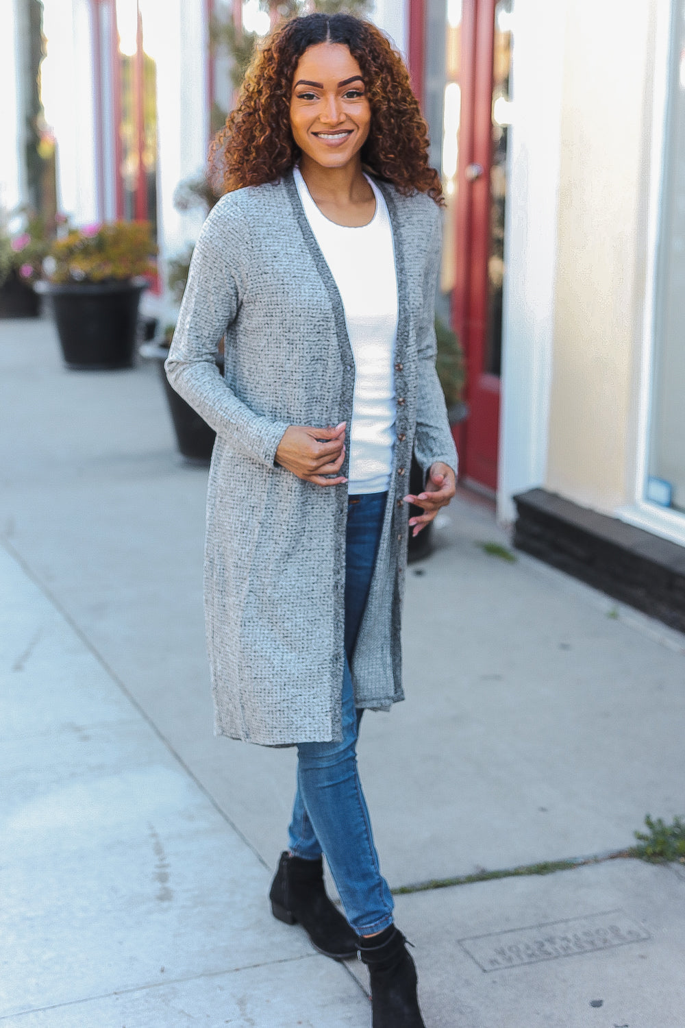 Grey Brushed Knit Crochet Back Duster Cardigan