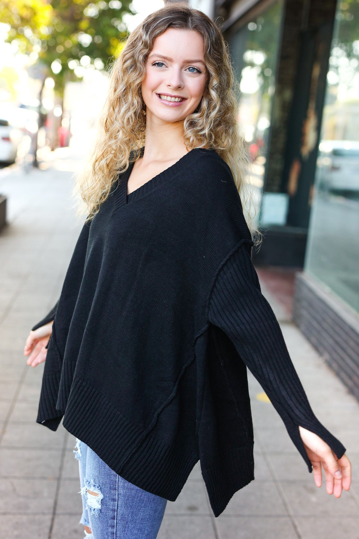 Black Oversized V Neck Rib Knit Sweater