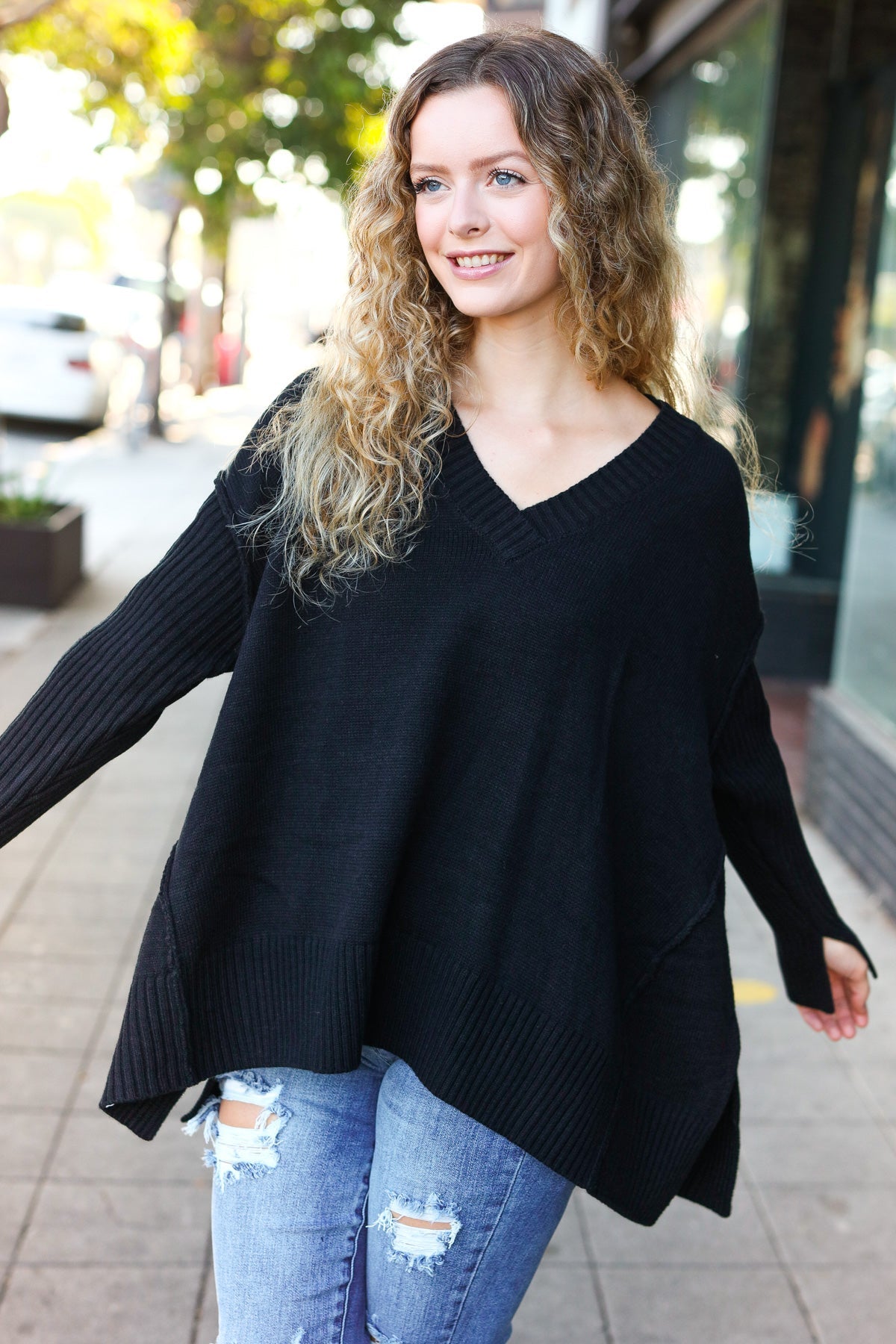 Black Oversized V Neck Rib Knit Sweater