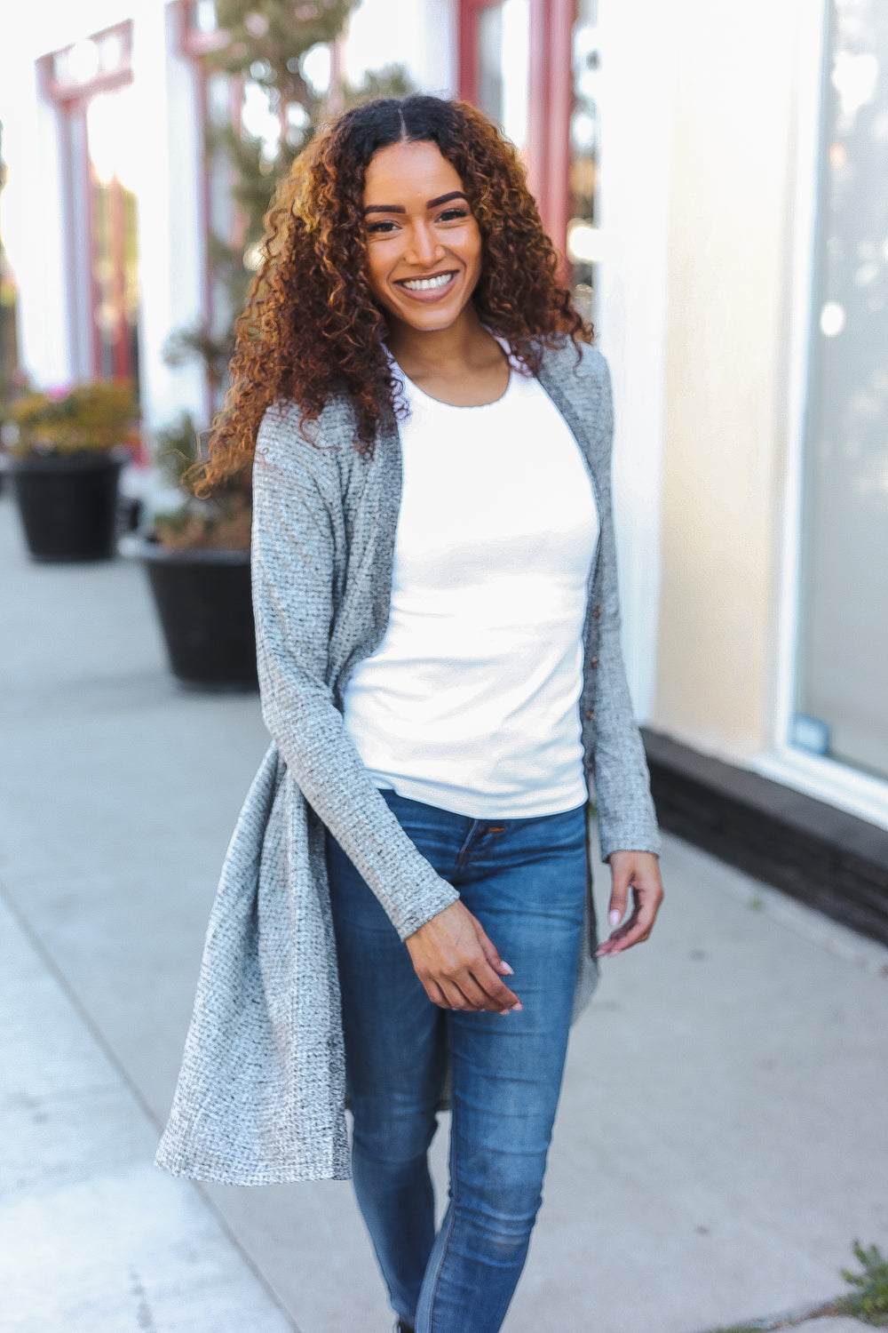 Grey Brushed Knit Crochet Back Duster Cardigan