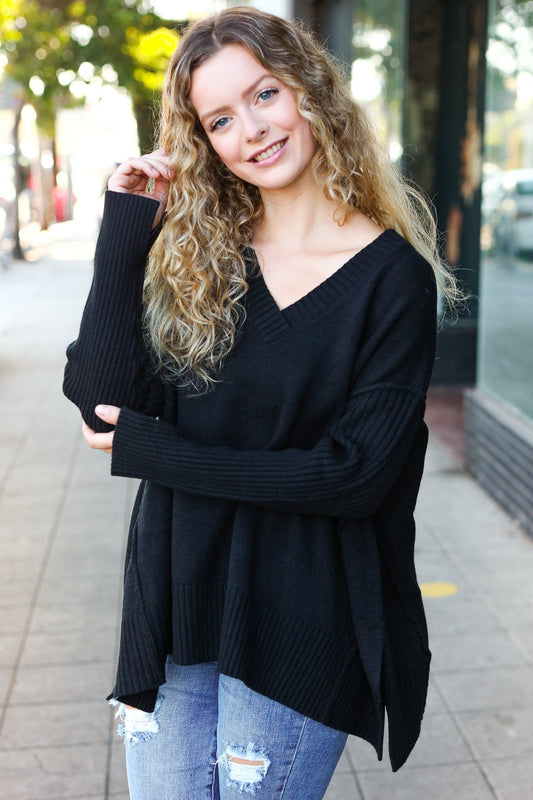 Black Oversized V Neck Rib Knit Sweater