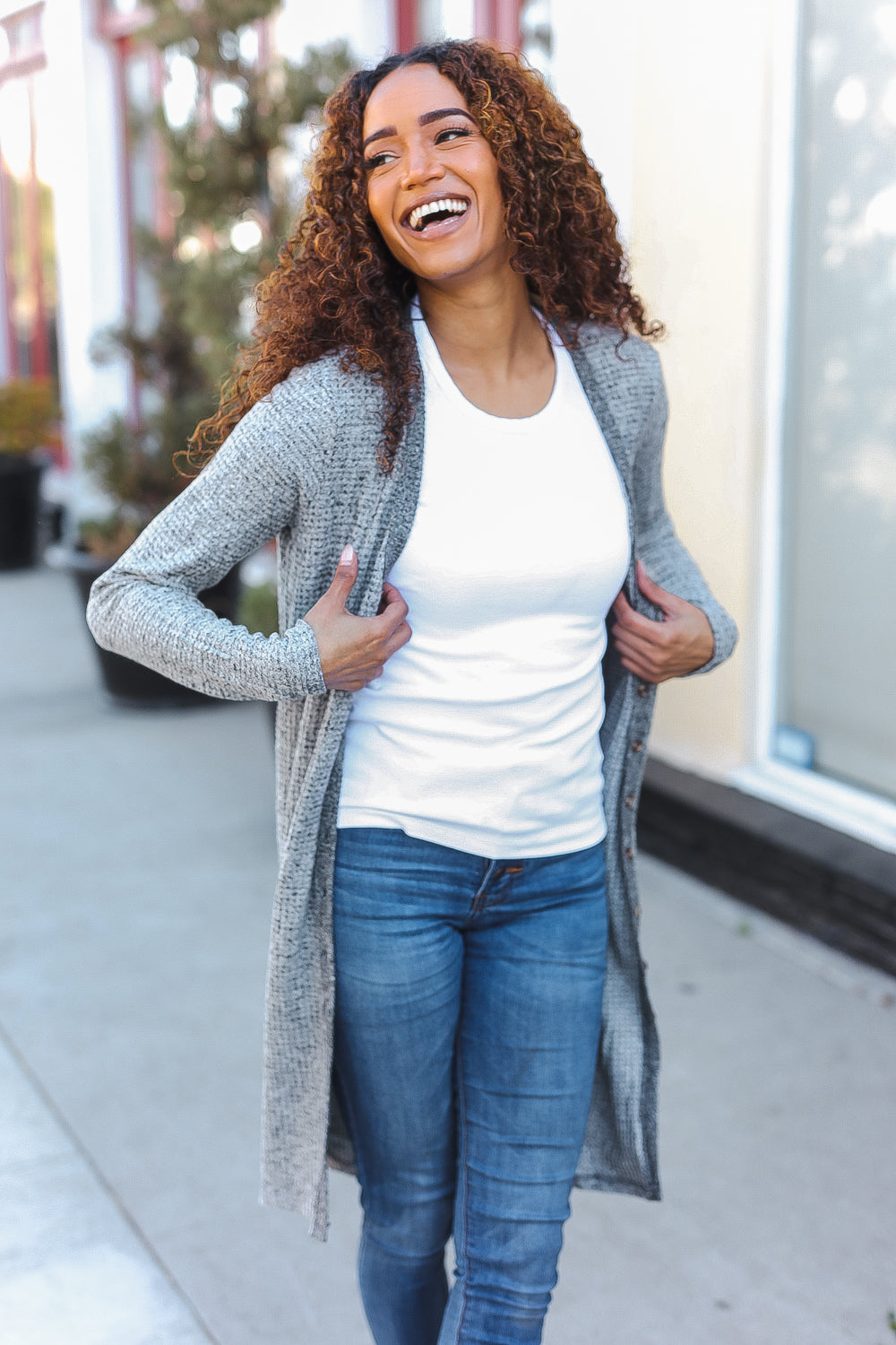 Grey Brushed Knit Crochet Back Duster Cardigan