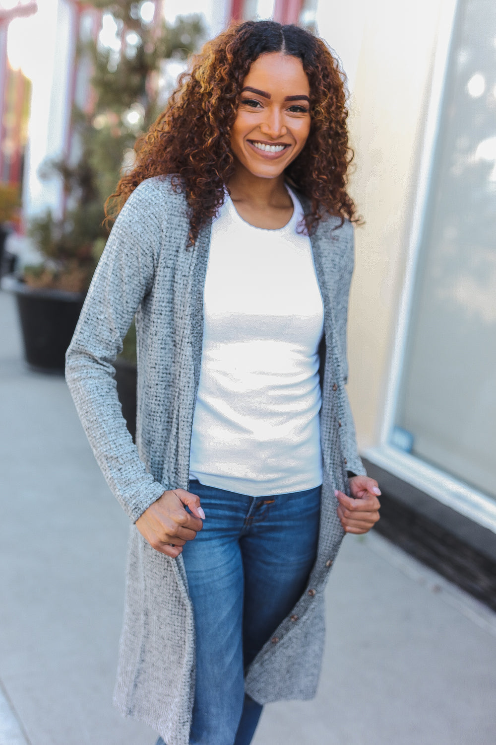 Grey Brushed Knit Crochet Back Duster Cardigan