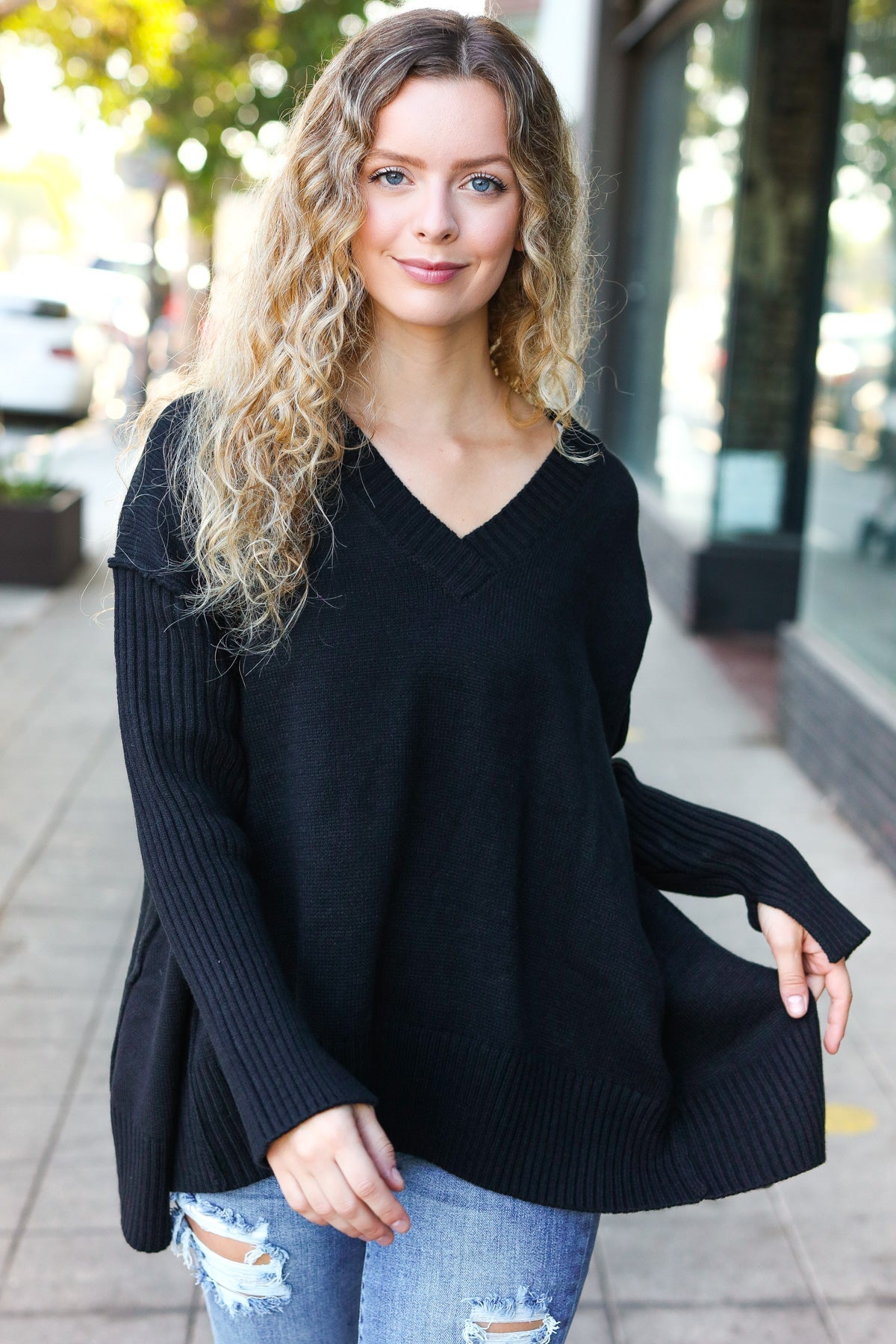 Black Oversized V Neck Rib Knit Sweater