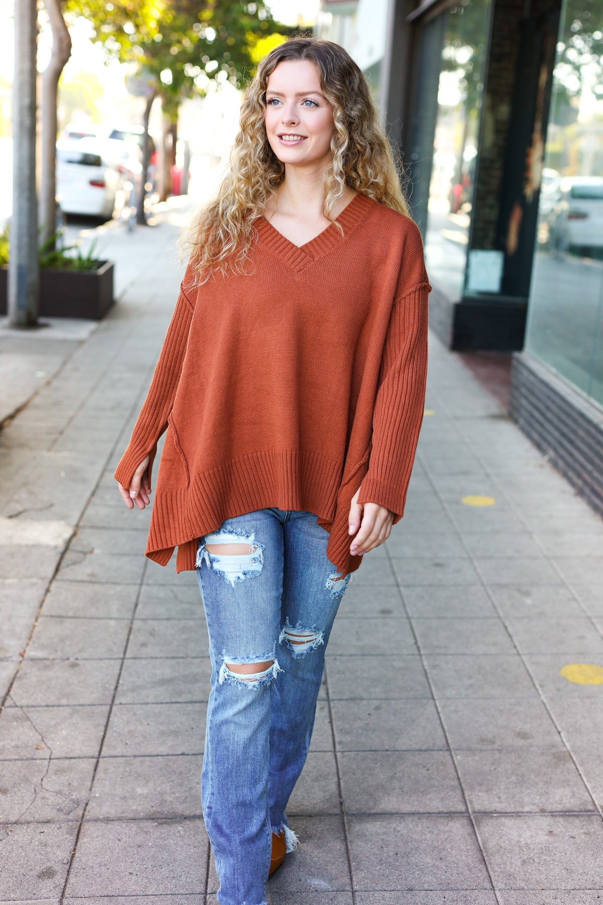 Rust Oversized V Neck Rib Knit Sweater