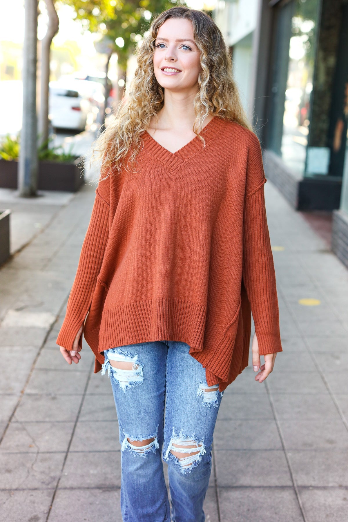 Rust Oversized V Neck Rib Knit Sweater