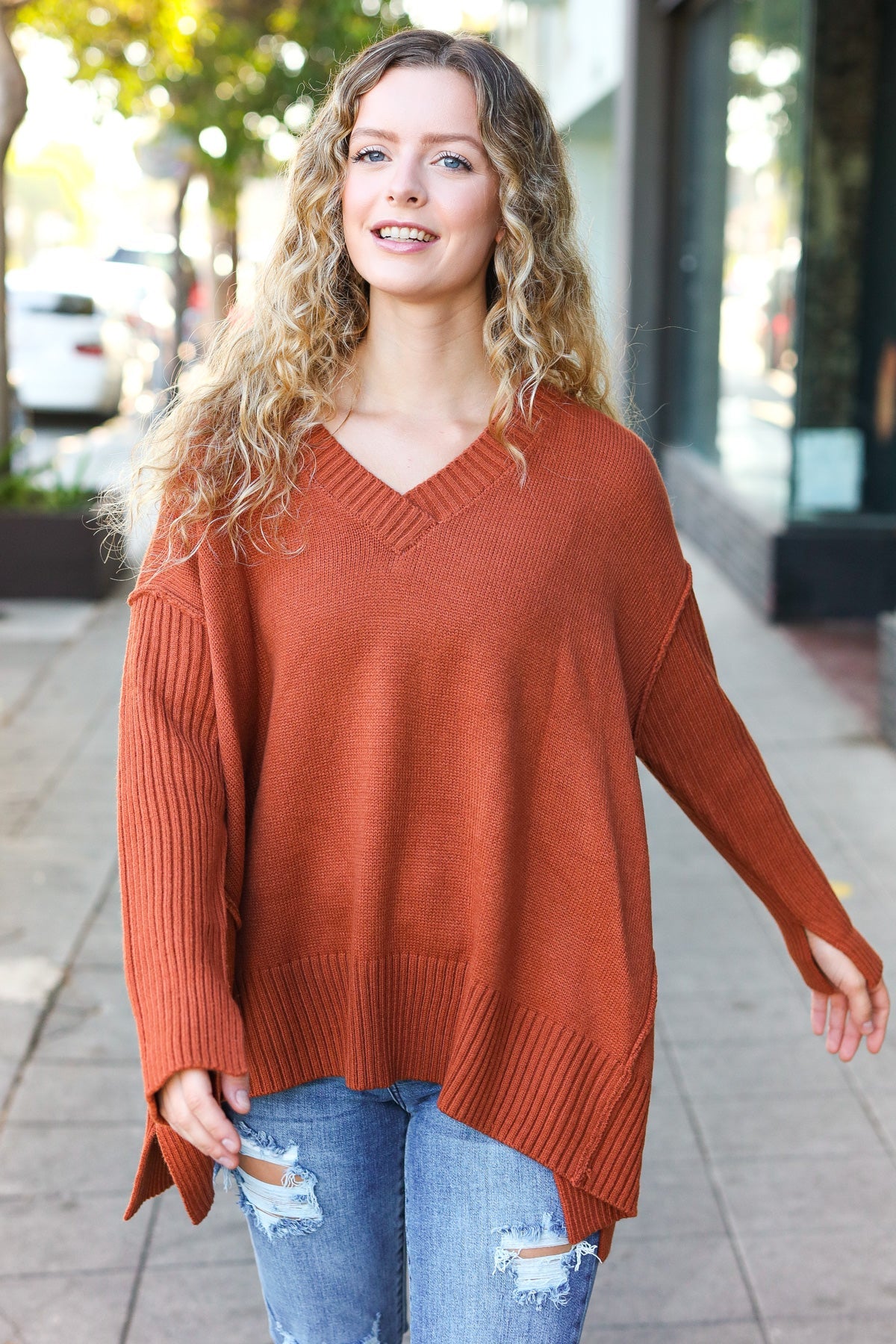 Rust Oversized V Neck Rib Knit Sweater