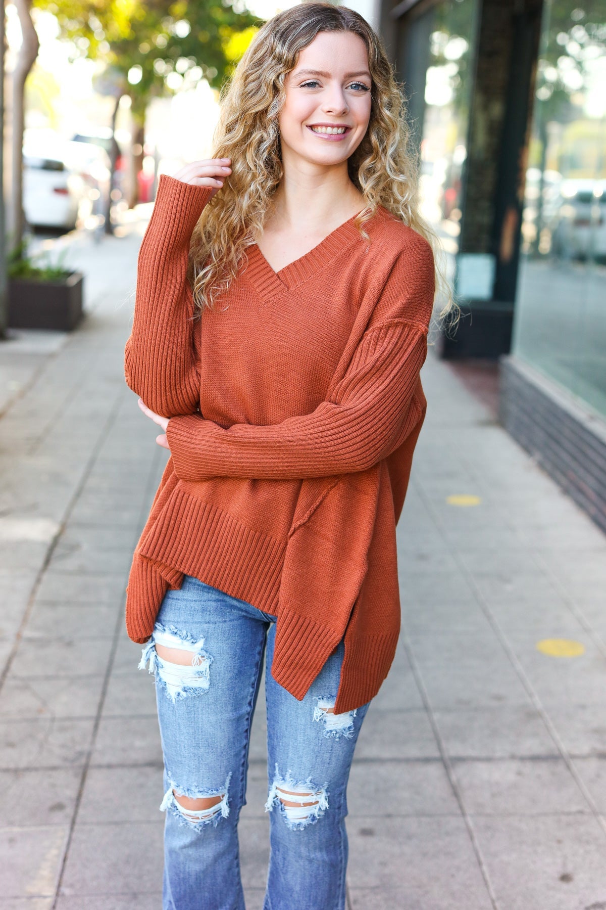 Rust Oversized V Neck Rib Knit Sweater