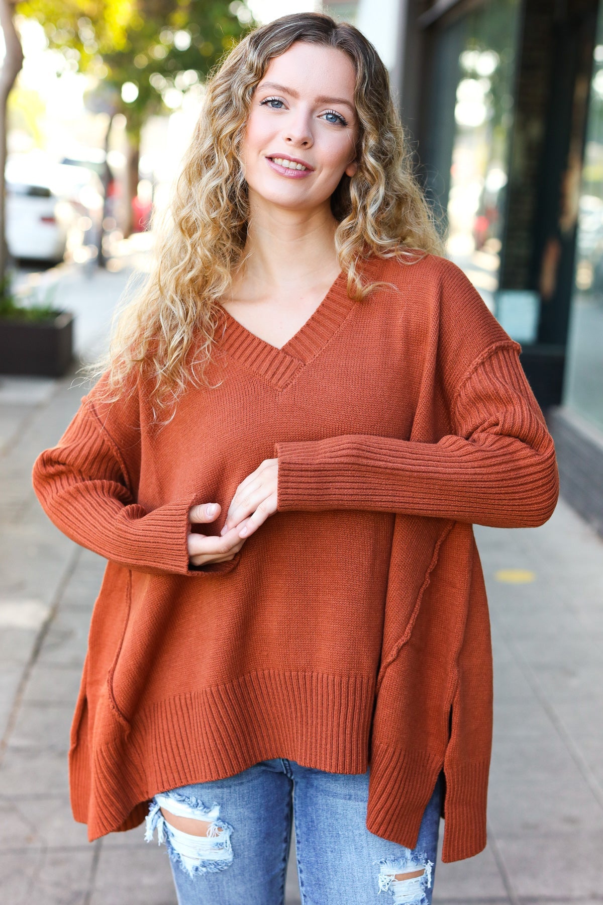 Rust Oversized V Neck Rib Knit Sweater