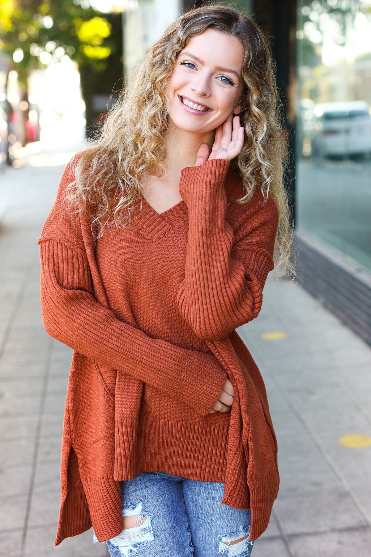 Rust Oversized V Neck Rib Knit Sweater