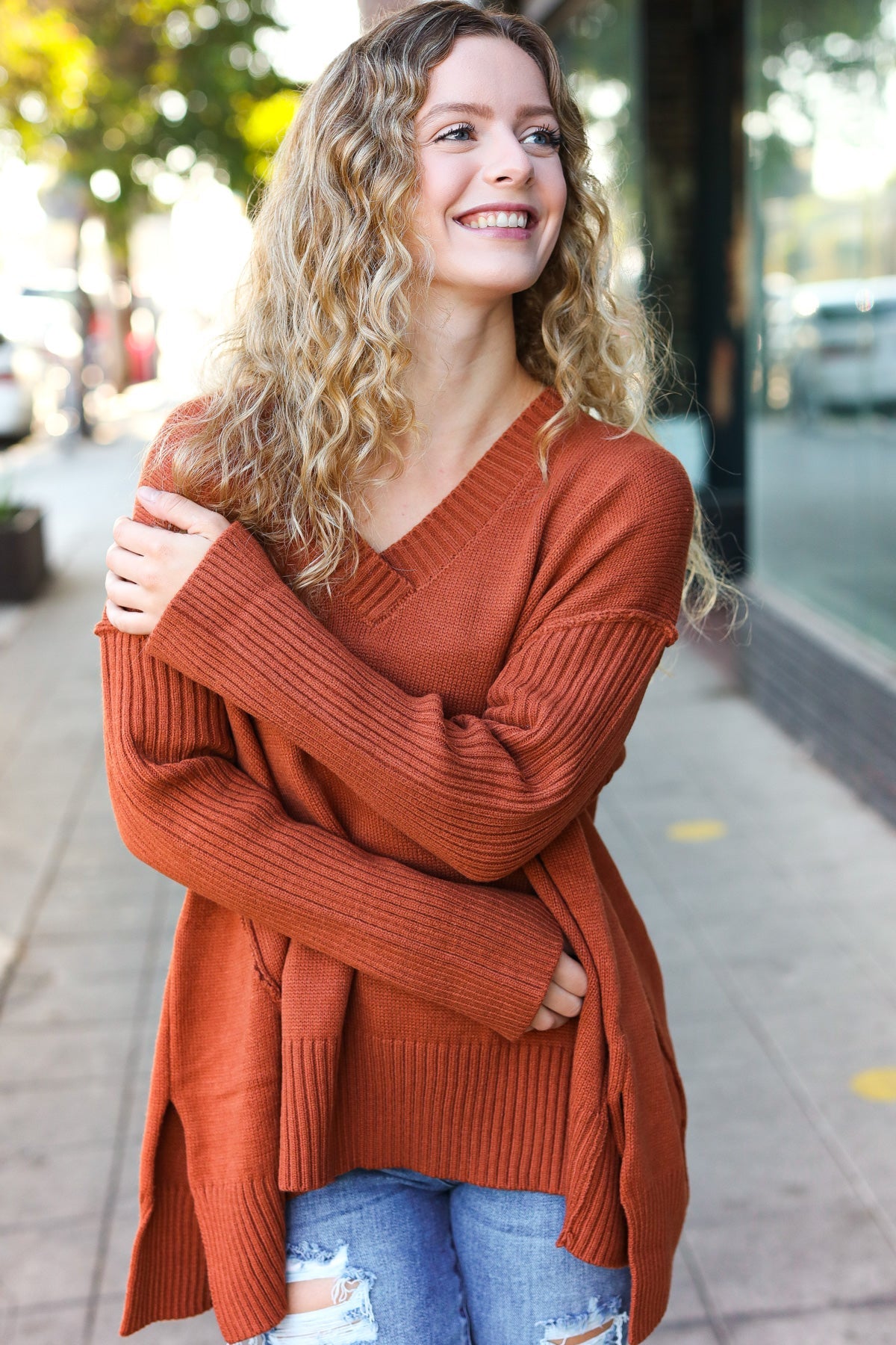 Rust Oversized V Neck Rib Knit Sweater