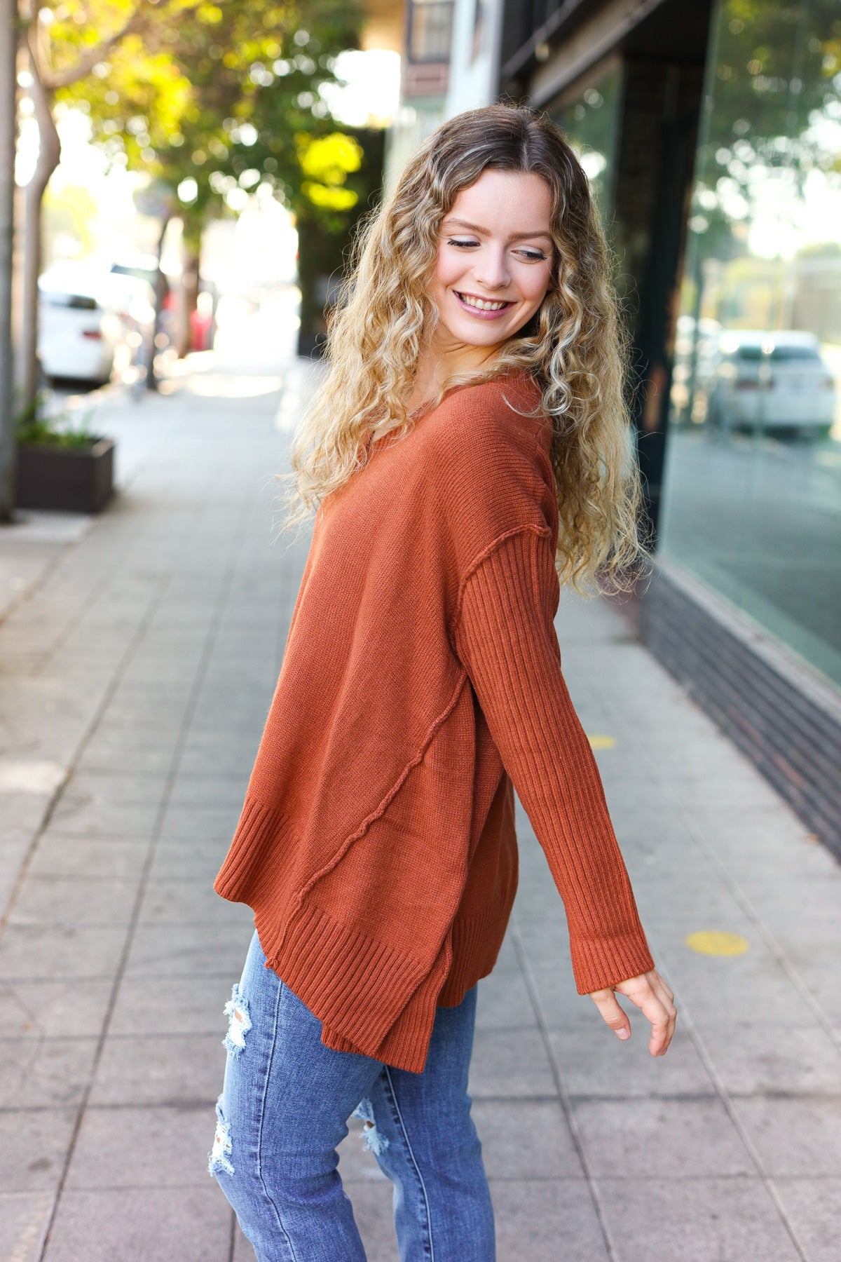 Rust Oversized V Neck Rib Knit Sweater