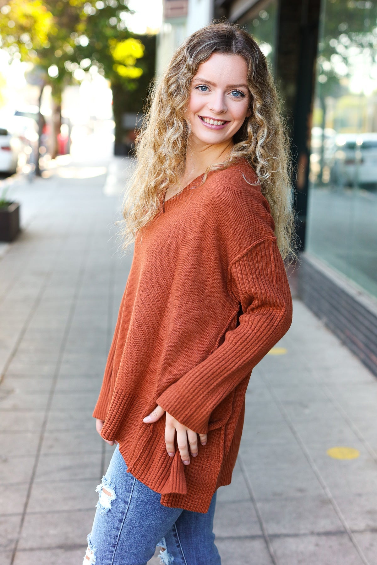 Rust Oversized V Neck Rib Knit Sweater