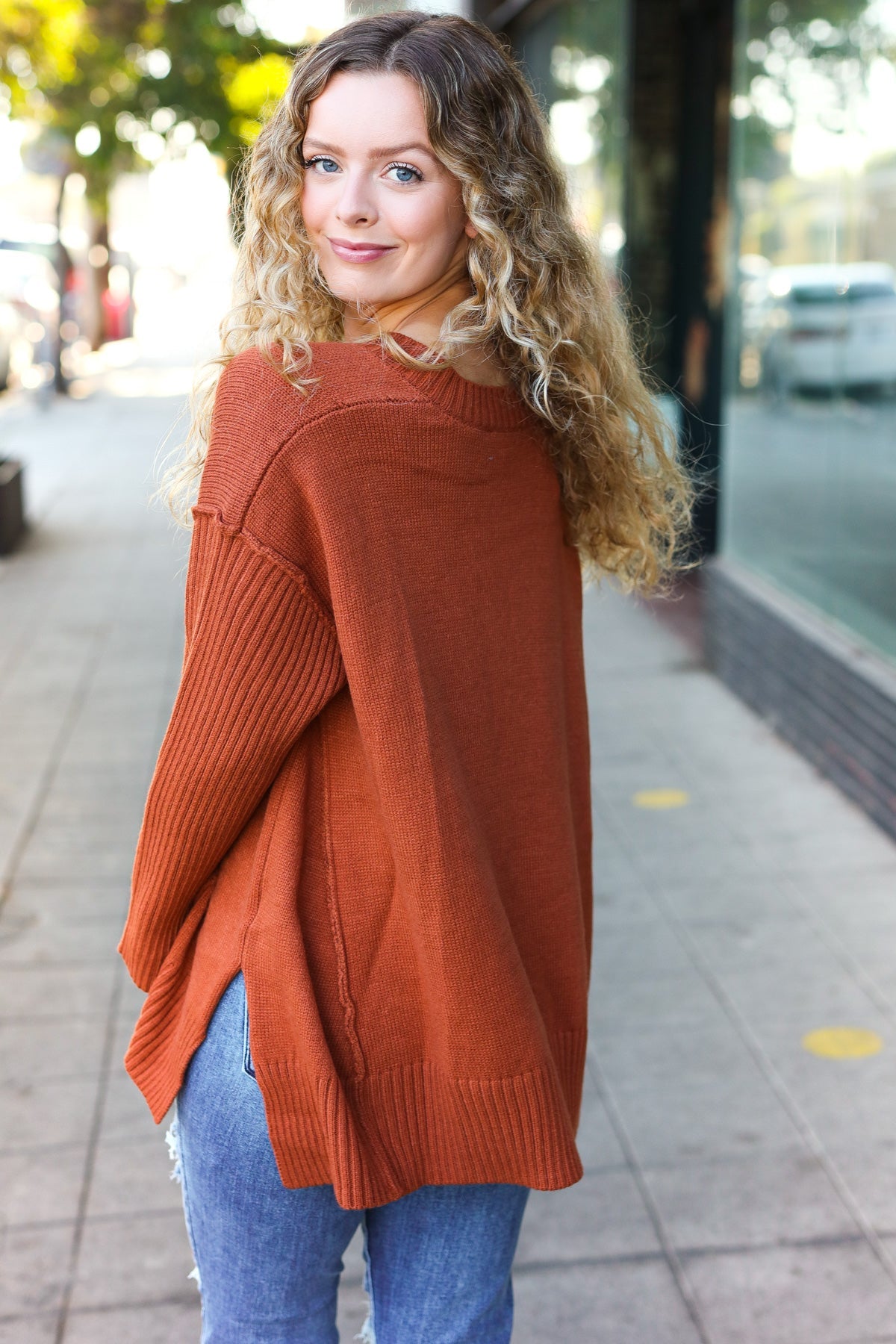 Rust Oversized V Neck Rib Knit Sweater