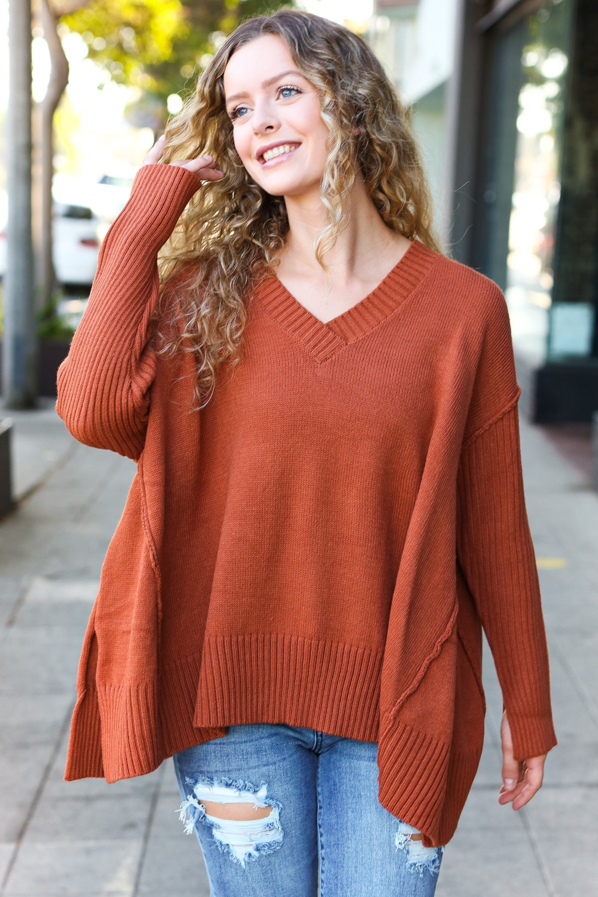 Rust Oversized V Neck Rib Knit Sweater