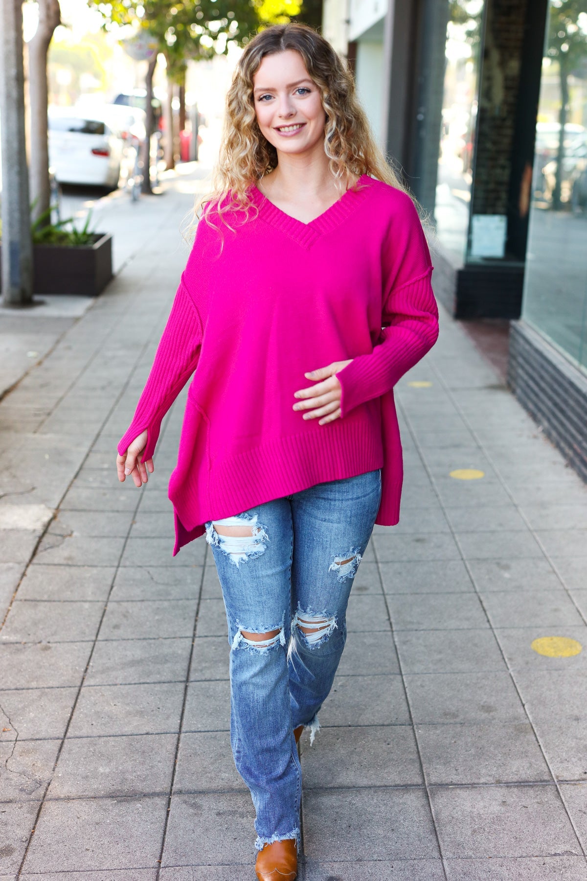 Magenta Oversized V Neck Rib Knit Sweater