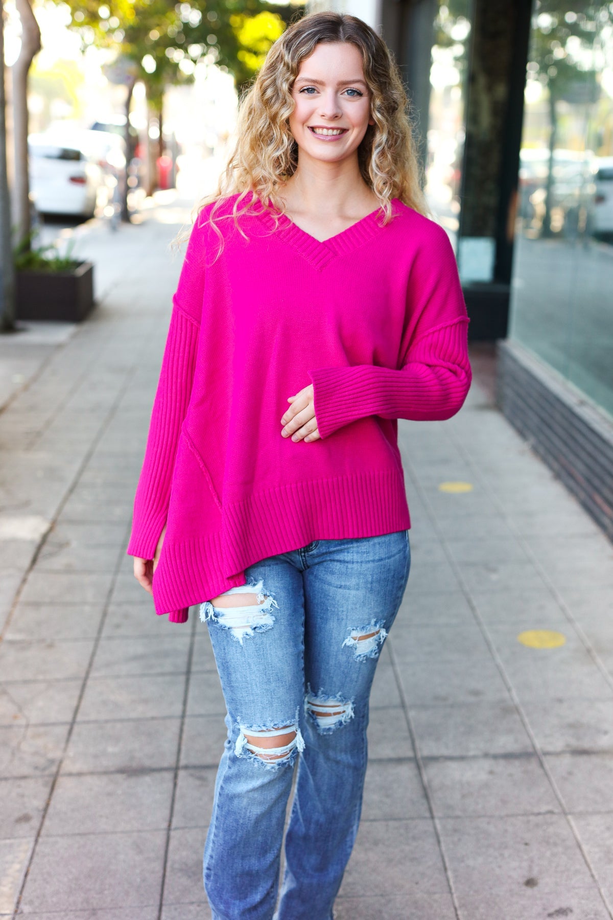 Magenta Oversized V Neck Rib Knit Sweater