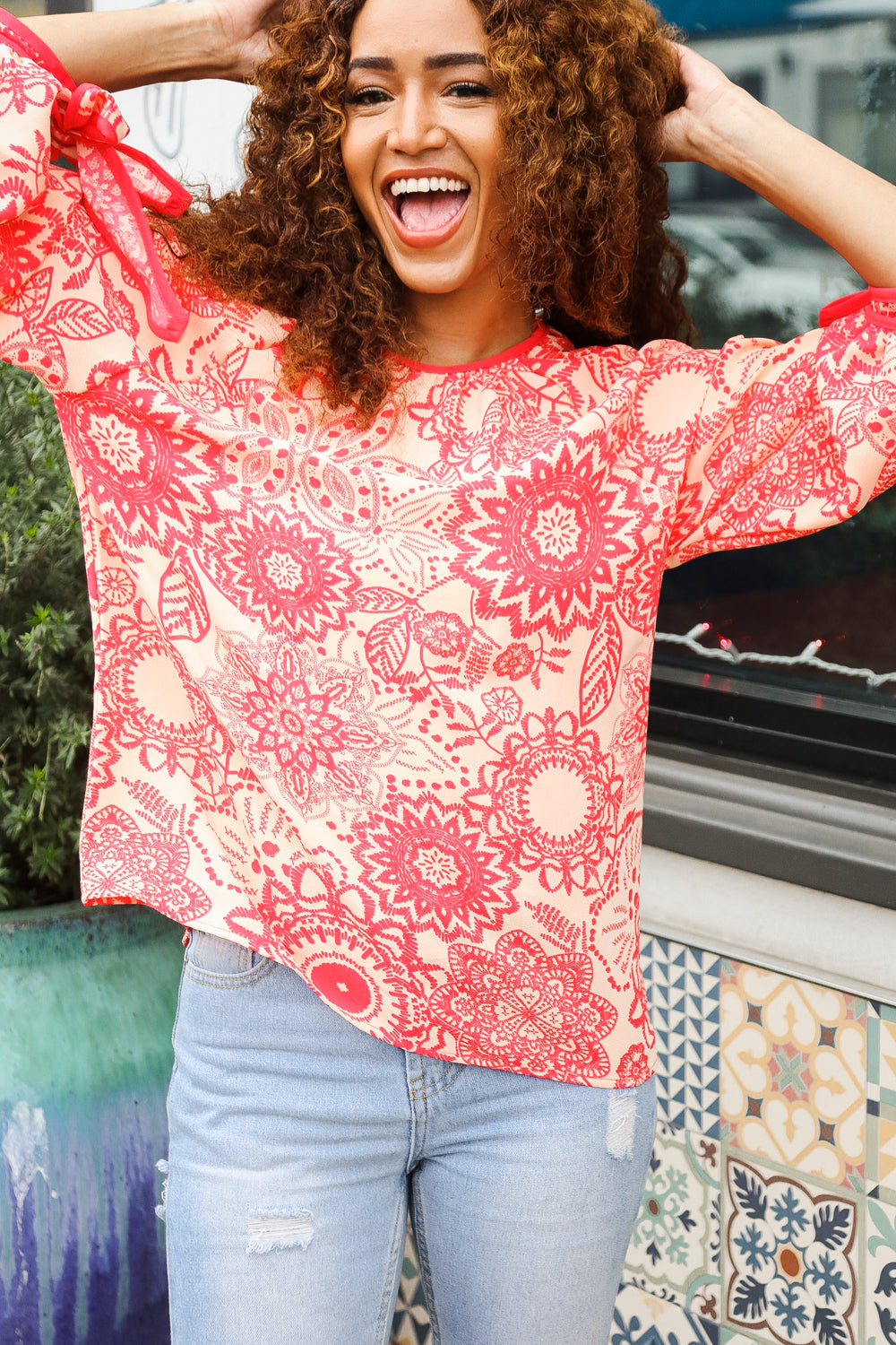 Red Coral Boho Tie Sleeve Blouse