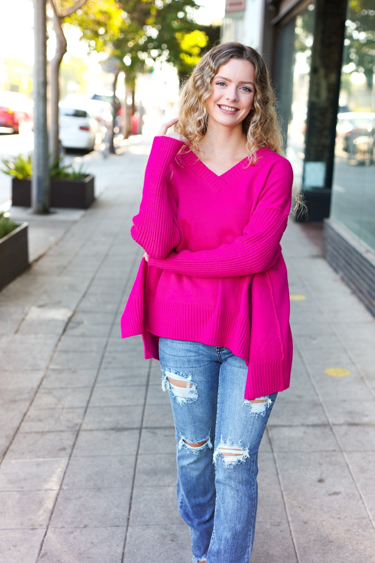 Magenta Oversized V Neck Rib Knit Sweater