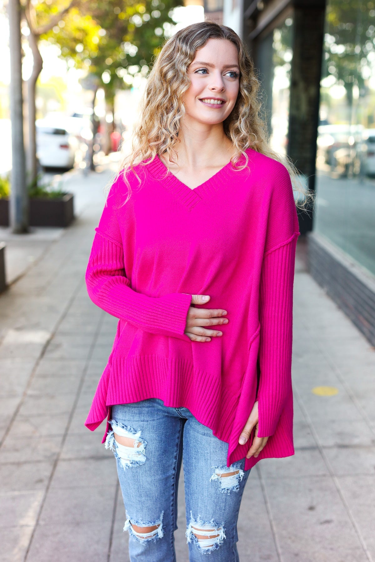 Magenta Oversized V Neck Rib Knit Sweater