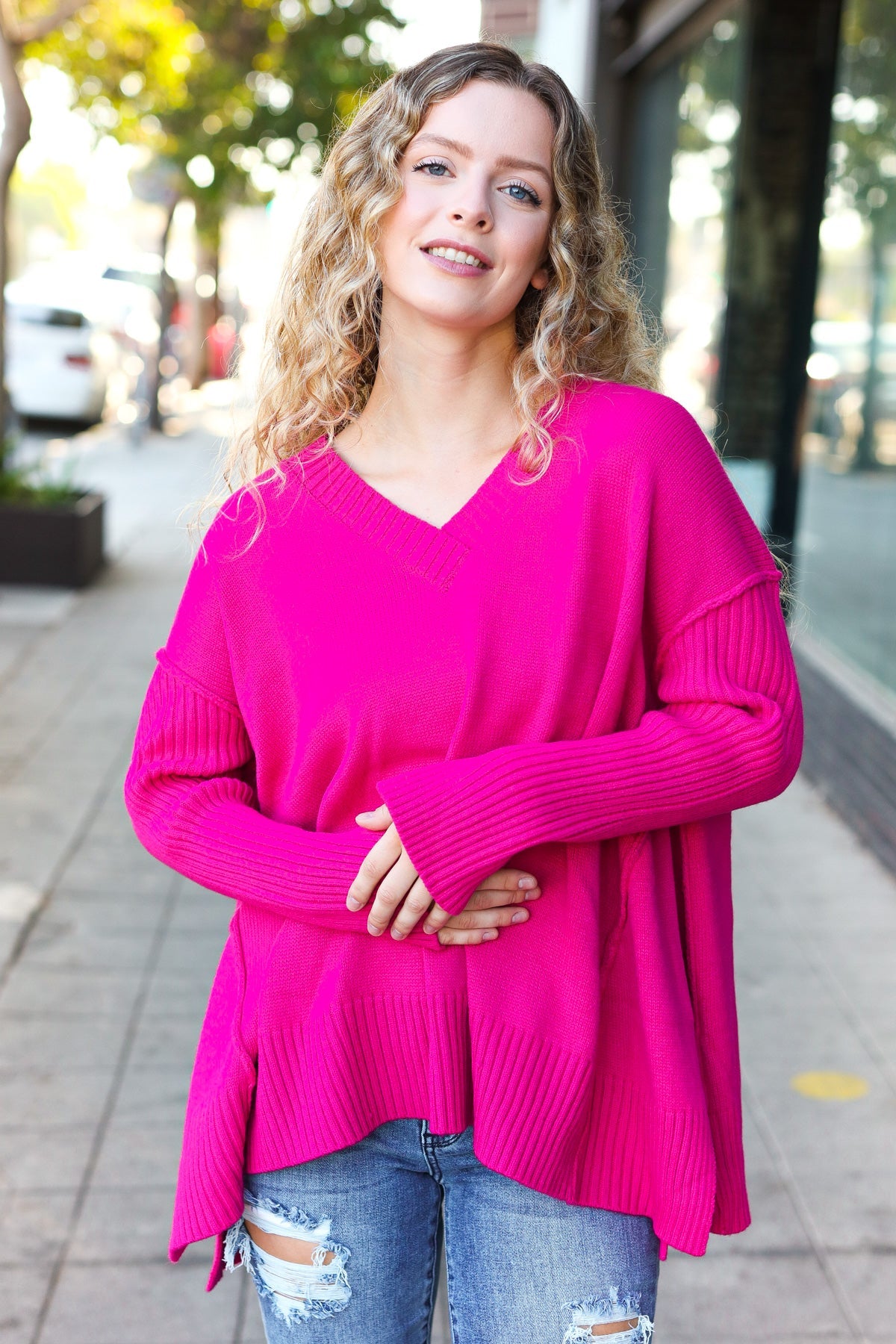 Magenta Oversized V Neck Rib Knit Sweater