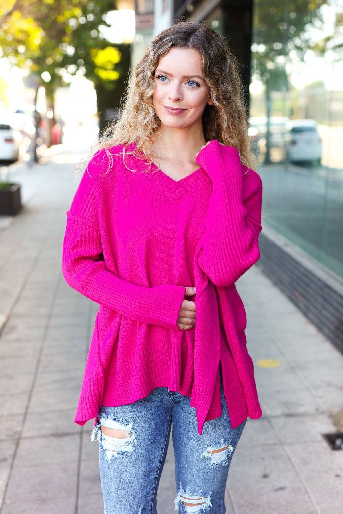 Magenta Oversized V Neck Rib Knit Sweater