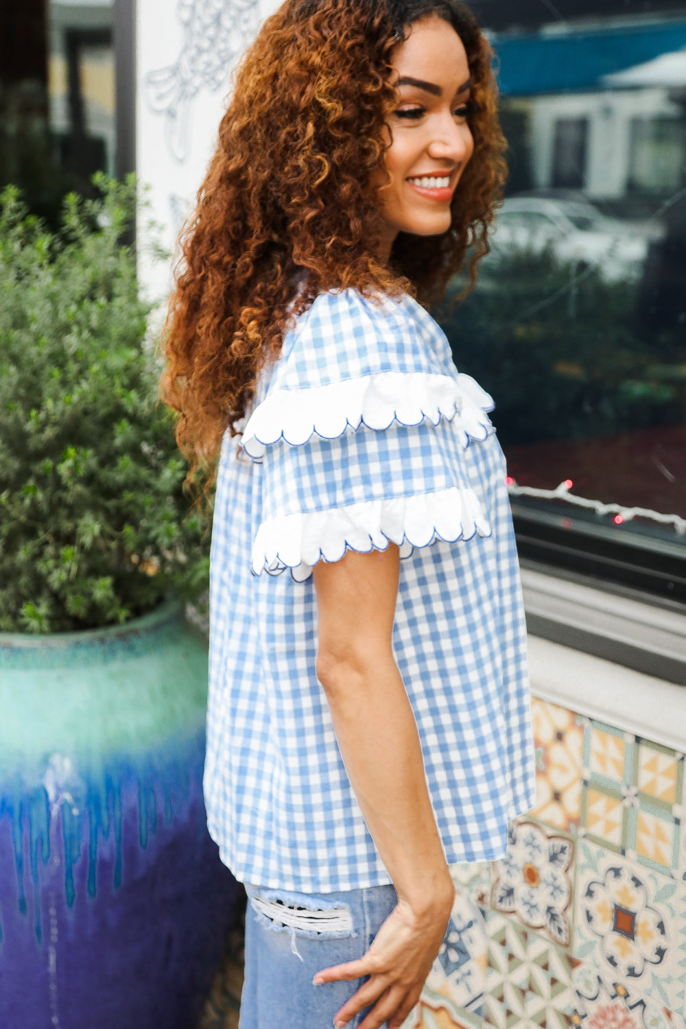 Cotton Blue Gingham Shirred Notched Neck Top